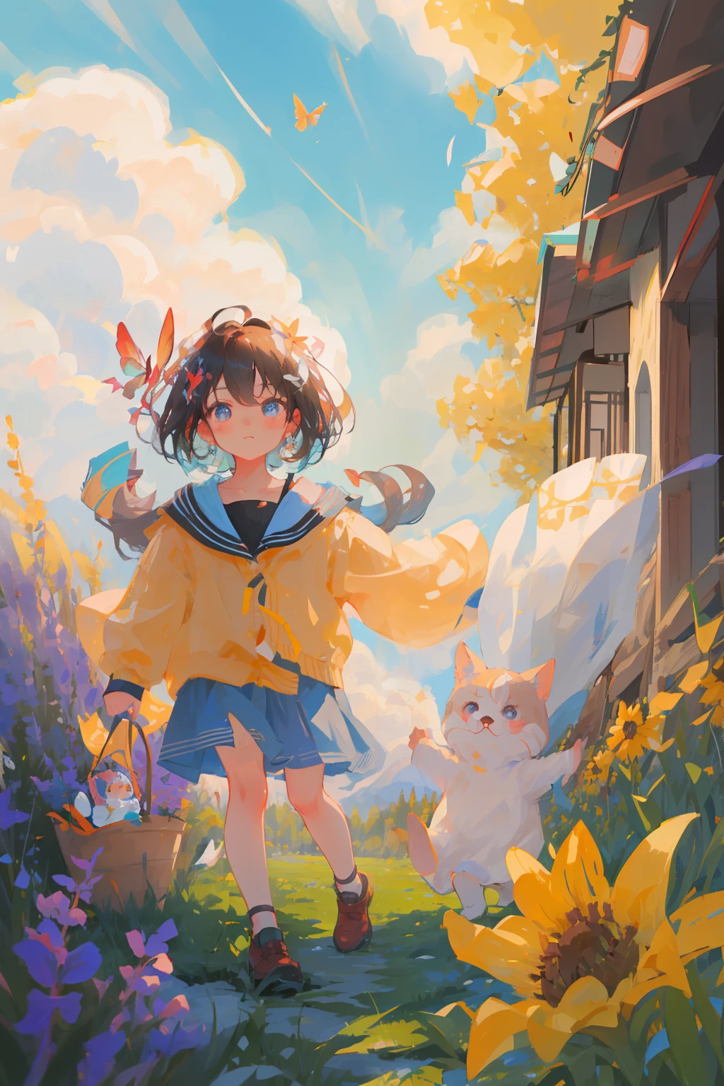 High Detail, Ultra Detail, 8K, Ultra High Resolution A cute and innocent girl, toddlerenjoying her time in the open field, surrounded by the beauty of nature, warm sun sprinkling on her, wildflowers gently swaying in the breeze. Butterflies and bi...