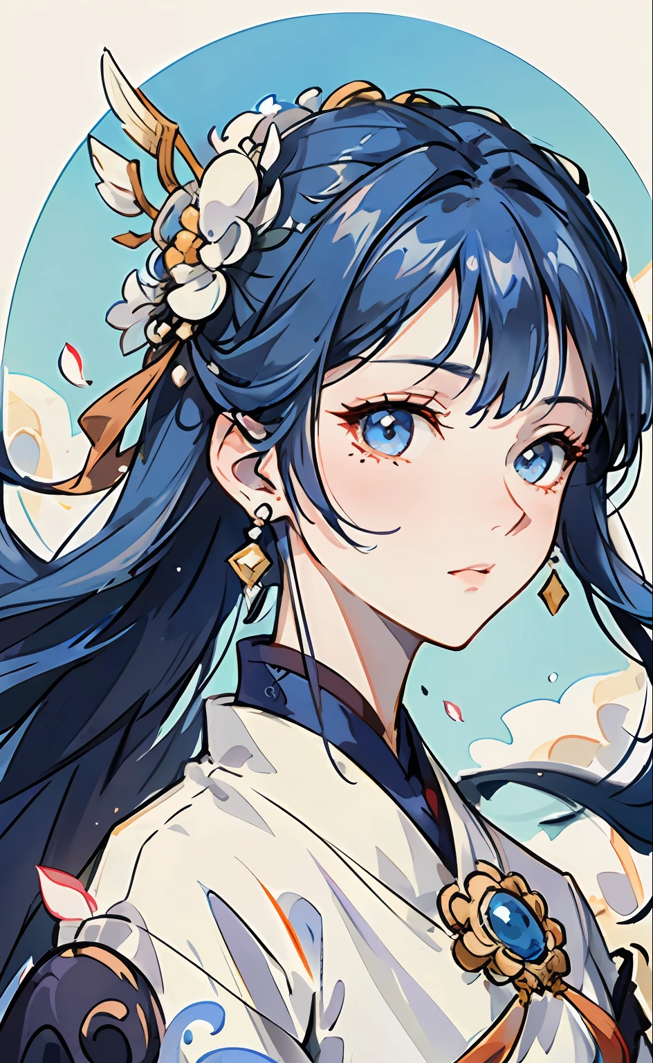Mature girl , dark orange eyes, blue and white hair color, floating hair, delicate and smart eyes, intricate damask hanfu, gorgeous accessories, wearing pearl earrings, fov, f/1.8, masterpiece, ancient Chinese architecture, blue sky, flower petals flying, front portrait shot, Chang'e, side lighting, sunlight on people, 8K