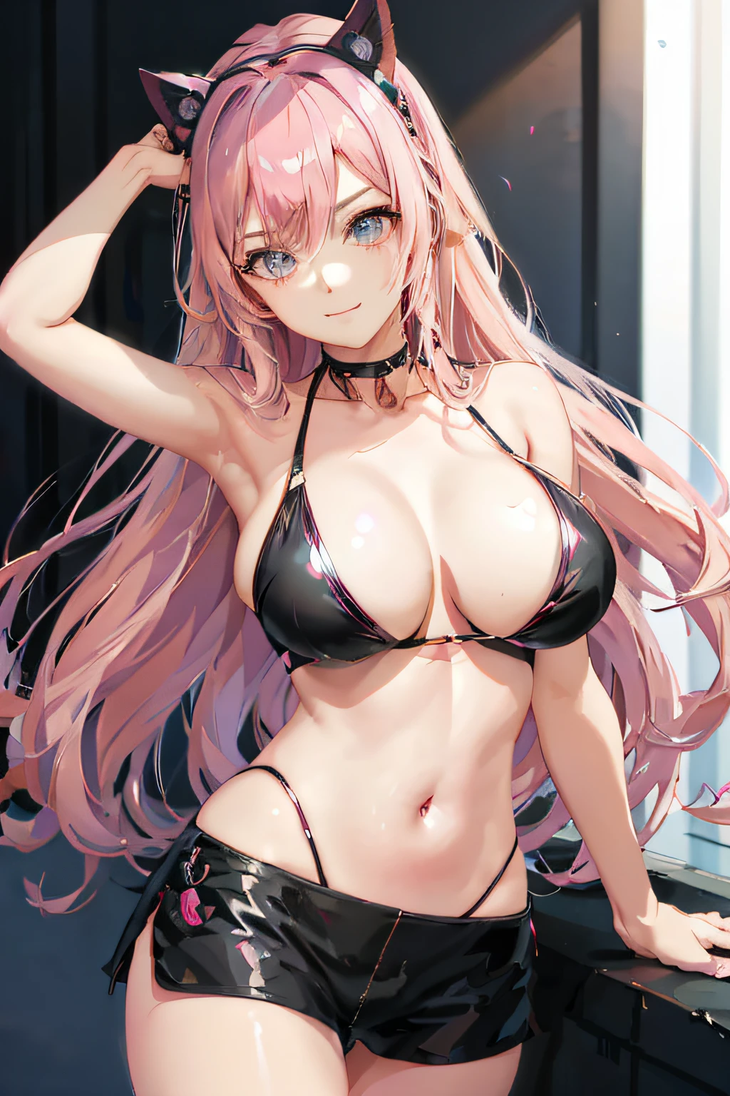 Anime girl with pink hair and black cat ears posing in black bikini, seductive anime girl, best anime 4k konachan wallpaper, beautiful alluring anime woman, biomechanical oppai, Oppai Cyberpunk, badass anime 8 k, oppai, 4k anime wallpaper, 8k high quality detailed art, anime style 4 k, anime goddess