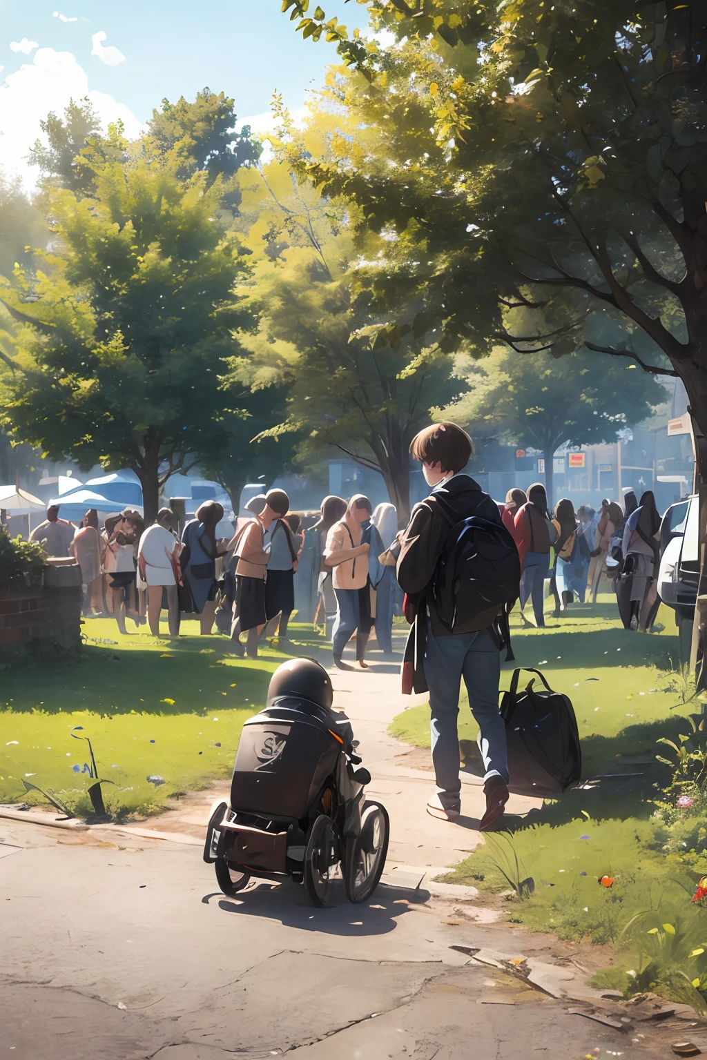(masterpiece:1.2, best quality), summer town, trees, ruins, crowd, sunny, old rusty cyborg android sitting on ground, sad, beg for money, people walk around, vibrant colors, bright, low angle, wide angle