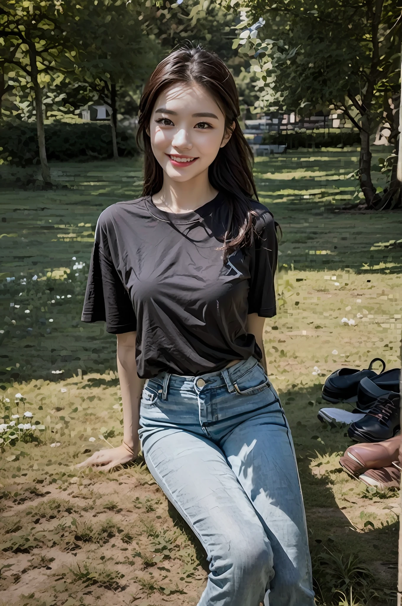 （RAW photogr，超高分辨率，tmasterpiece，best qualtiy：1.4），Complicated details，20 years old Korean girl，Wear a loose black T-shirt and skinny jeans，Stand on the grass and take pictures，Detailed meadow，A sweet smile on a small face，The face and skin are pink and fair，Ultra-realistic facial details，Playful and coquettish pose，The calves are straight and slender:1.5，Wear high-end branded colorful travel shoes:1.5，eventide，warm color，Broad lighting，naturalshadow，Full body photos taken:1.8