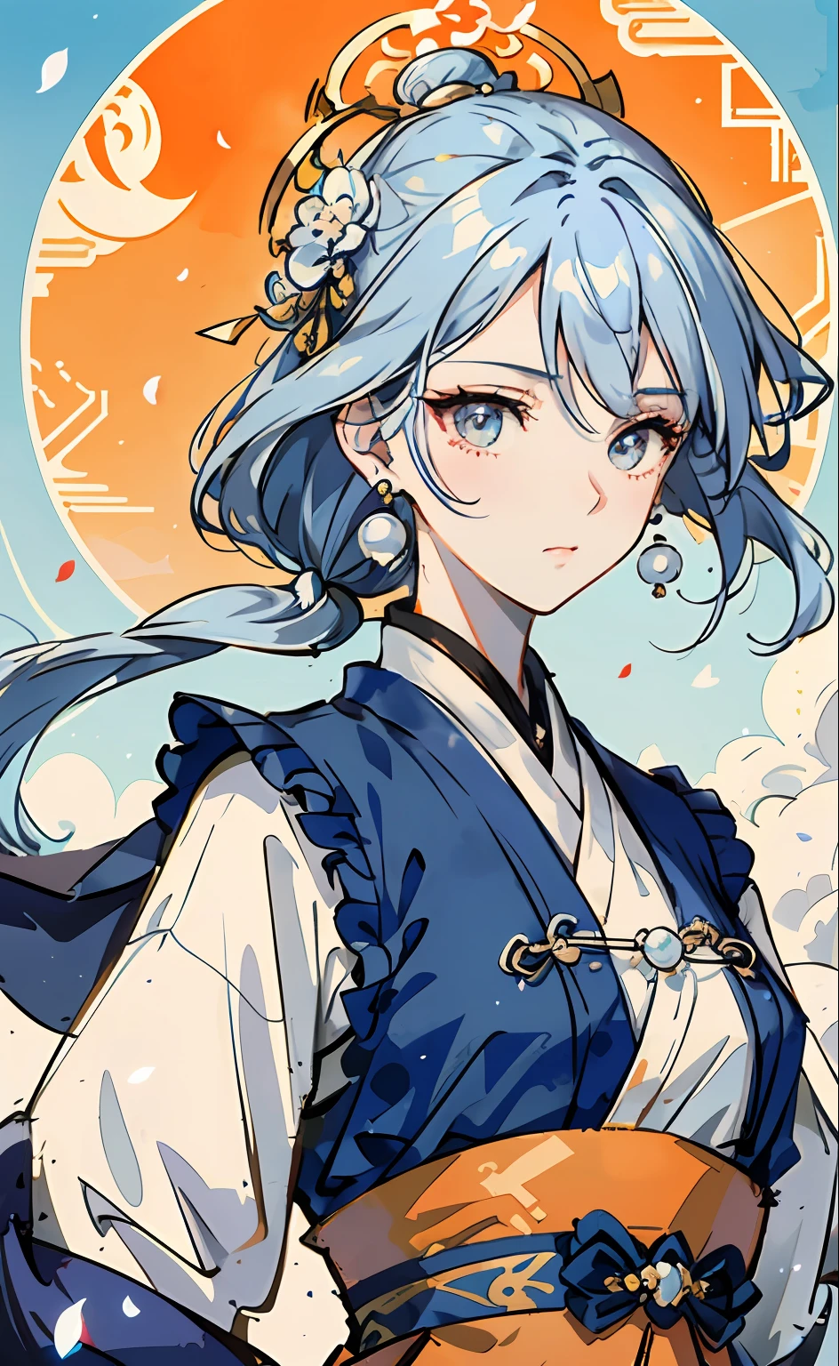 Mature girl , dark orange eyes, blue and white hair color, floating hair, delicate and smart eyes, intricate damask hanfu, gorgeous accessories, wearing pearl earrings, fov, f/1.8, masterpiece, ancient Chinese architecture, blue sky, flower petals flying, front portrait shot, Chang'e, side lighting, sunlight on people, 8K