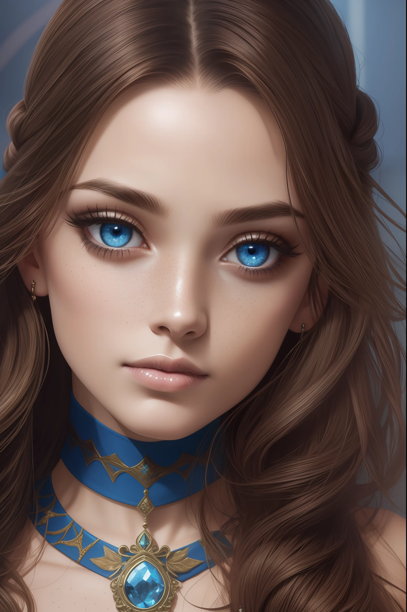 masterpiece, solo, highly detailed, ultra-detailed, ultra high res, (photorealistic:1.333), (best quality), (best shadow),detailed, perfect lighting, dark brown hair, very long hair, braids, [face freckles], (blue eyes), choker, smokey make up,  close up, portrait, in a royal palace bath hall,