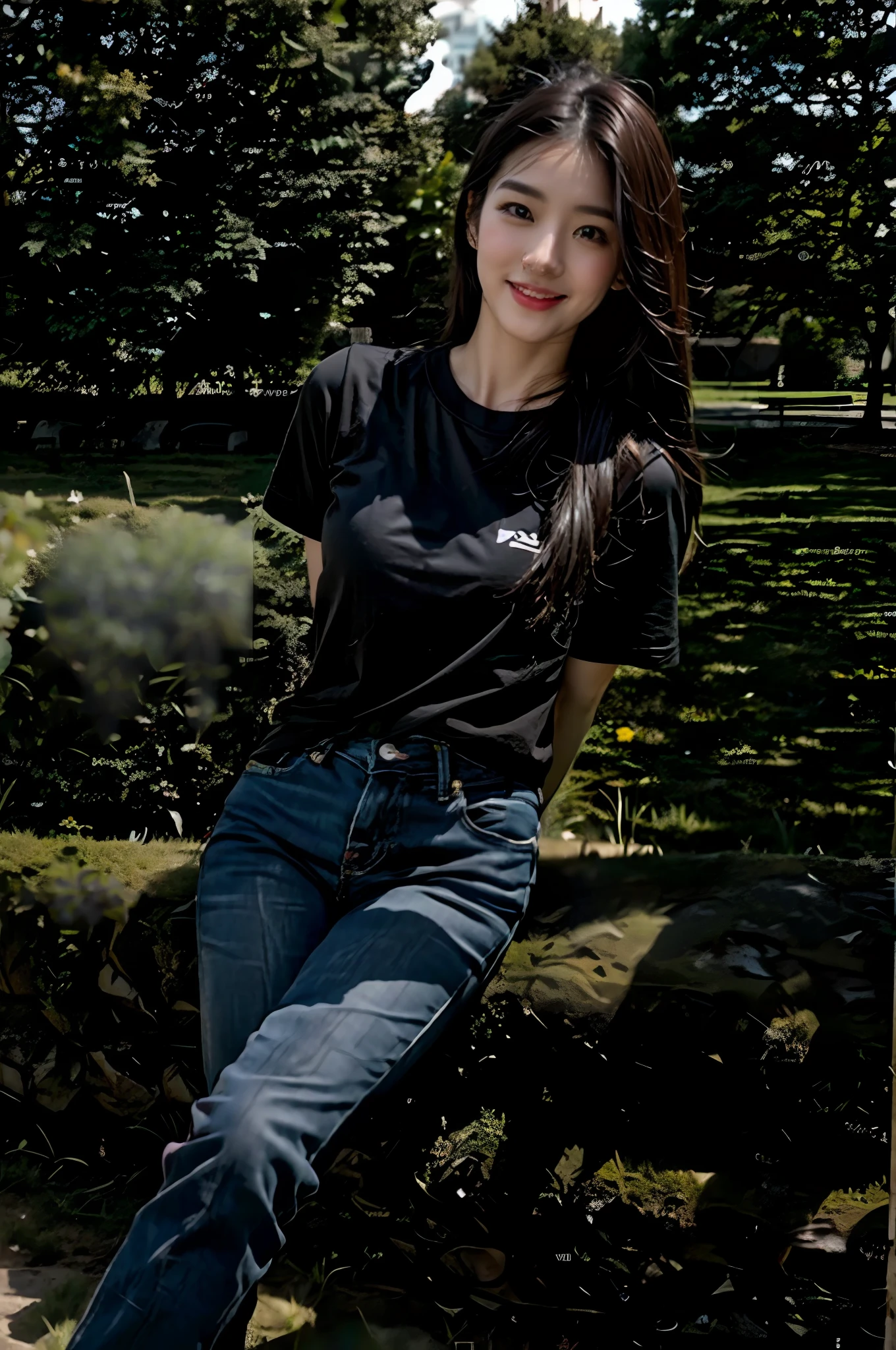 (RAW photogr,超高分辨率,tmasterpiece,best qualtiy:1.4),Complicated details,20 years old Korean girl,Wear a loose black T-shirt and skinny jeans,Stand on the grass and take pictures,Detailed meadow,A sweet smile on a small face,The face and skin are pink and fair,Ultra-realistic facial details,Playful and coquettish pose,The calves are straight and slender:1.5,Wear high-end branded colorful travel shoes:1.5,eventide,warm color,Broad lighting,naturalshadow,Full body photos taken:1.8