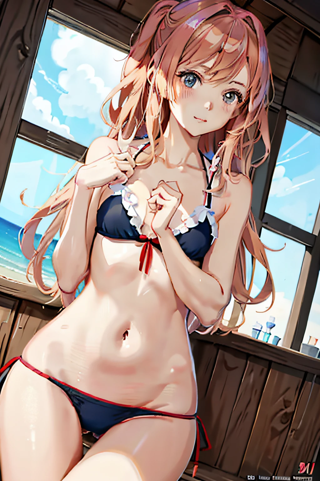 Anime girl in bikini posing on wooden deck, seductive anime girl, at a beach, at a beach, realistic bikini, [ 4K digital art ]!!, | Anime with small details, bathing suit, beautiful anime girl, at a beach, 4k anime wallpaper, smooth anime cg art, (anime girl), marin kitagawa fanart, attractive anime girl, at a beach