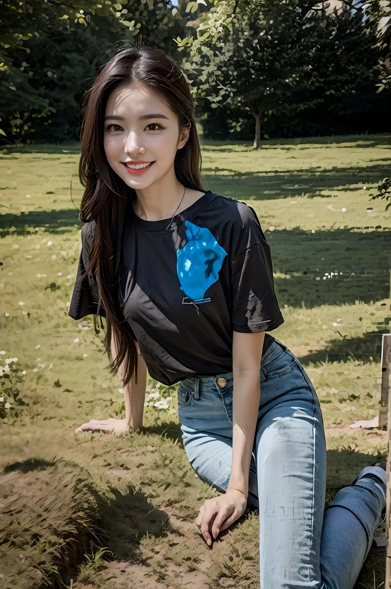 （RAW photogr，超高分辨率，tmasterpiece，best qualtiy：1.4），Complicated details，20 years old Korean girl，Wear a loose black T-shirt and skinny jeans，Stand on the grass and take pictures，Detailed meadow，A sweet smile on a small face，The face and skin are pink and fair，Ultra-realistic facial details，Playful and coquettish pose，The calves are straight and slender:1.5，Wear high-end branded colorful travel shoes:1.5，eventide，warm color，Broad lighting，naturalshadow，Full body photos taken:1.8