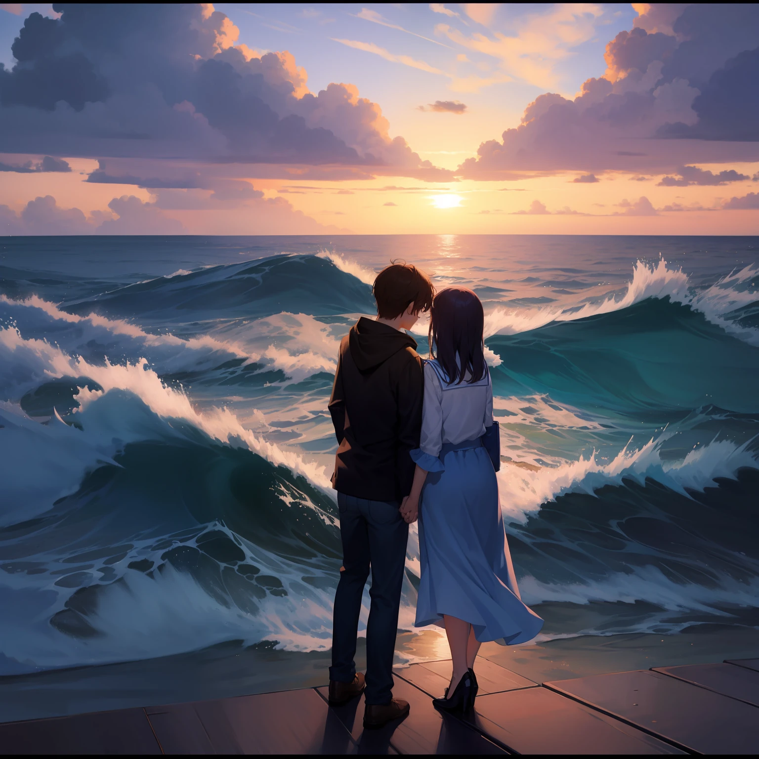 the sea,couple,the setting sun,Sea demarcation line,catss --auto