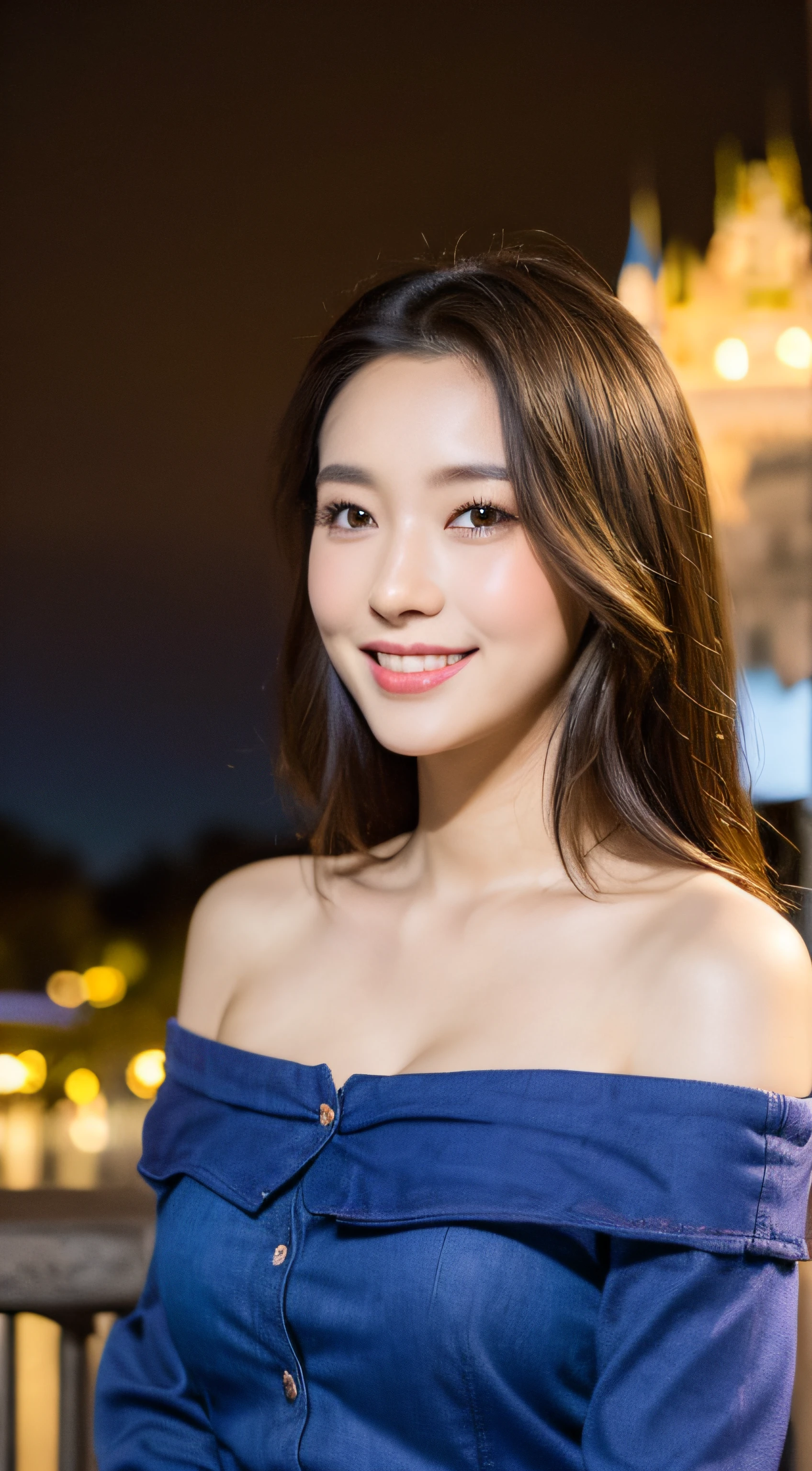 ((Night Scene, Realistic Light, Best Quality, 8k, Masterpiece: 1.3)), 1 Girl, Slim Body Beauty: 1.4, Brown Hair, (Big: 1.3), Off Shoulder Cut Top: 1.3, Ultra Detailed Face, Detailed Eyes, Double Eyelids, Disneyland, Fountain, Castle, Fireworks, Smile, Cleavage, Saggy