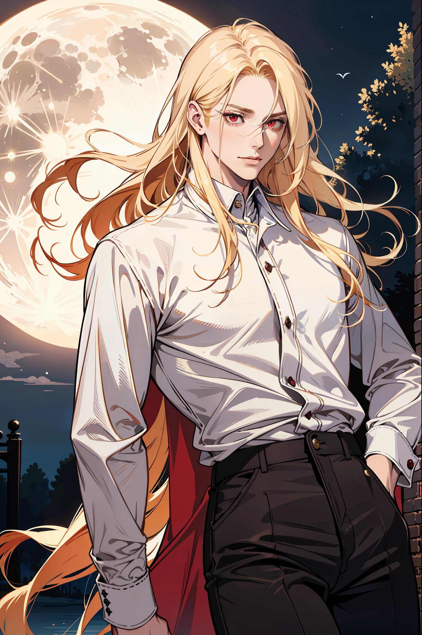 (absurdres, highres, ultra detailed), 1man, 30 years old man, adult man, handsome, tall,, finely detailed eyes and detailed face, leather pants, (((white shirt))), night, smile, dutch angle, ((long hair, blonde hair)), moon, gold details, gothic, vampire, vampire prince, dark, simple clothes, looking at the view, pale skin, red detailed eyes, (masculine), sexy, elegant, long bangs, detailed hands, (((red eyes))), ((((surprised))))