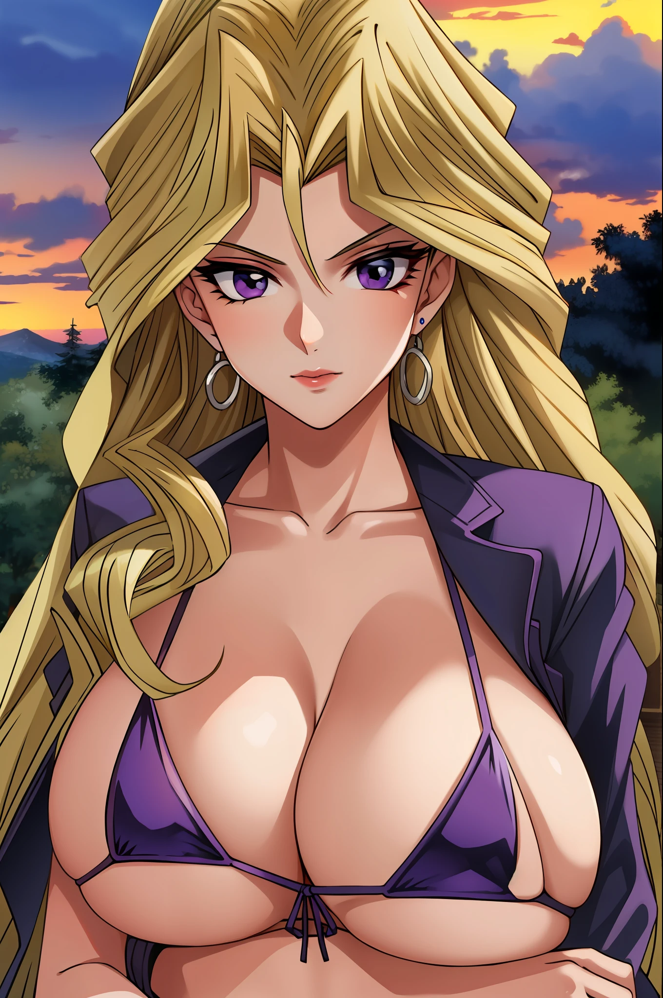 (masterpiece, best quality),  intricate details
 1girl,   mai valentine, long hair, blonde hair, jewelry, purple eyes, earrings, makeup, huge breasts purple bikini