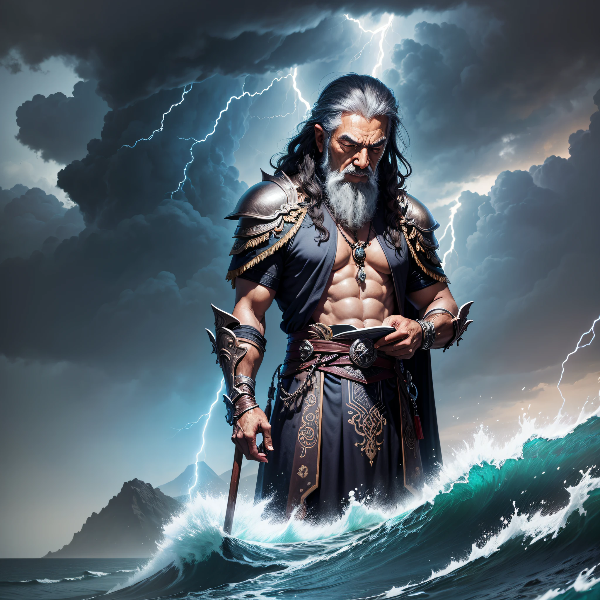 Velho oriental, vicissitudes, pele bronzeada, wise, wise old man, real, vestido, segurando um livro, olhando para frente, para a frente ,Background with lightning thunder clouds --auto