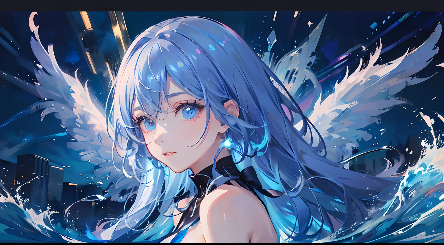 (hyper HD)、Retina Screen、acurate、anatomy correct、textureskin、hyper-high detail、high detal、high qulity、best qualtiy、A high resolution、Highest image quality、A masterpiece、(extremely detailed nipple)、(Best quality)、(tmasterpiece)、lightand shade contrast、Cinematic lighting、color difference、Twinkle、Ray traching、dynamic linework,eye detailed, lens flare glow, filmposter, tarot frame, Negative space, 独奏, Floating color net, many color, Floating drops, Water magic, Mottled sunlight, optic, Caustics, rainbowing, Beautiful detail halo, leaning backward, eyeslashes, long whitr hair, tilt of the head, dynamicposes, Asymmetrical hair, slanted bangs, High double ponytail,Flowing hair,abstract backgrounds,Pondering,feater, Exposed shoulders,whitegloves, Childish face, splashing water drops, The eyes are highlighted and brightened, glittery, concept-art,facing to audience,Sky blue dress,Wings formed by water,Angel head ring,light blue hair, blue watery eyes, blue colors,Blue pupil,The starry sky is brilliant,galactic,the ocean,Ragged clothes