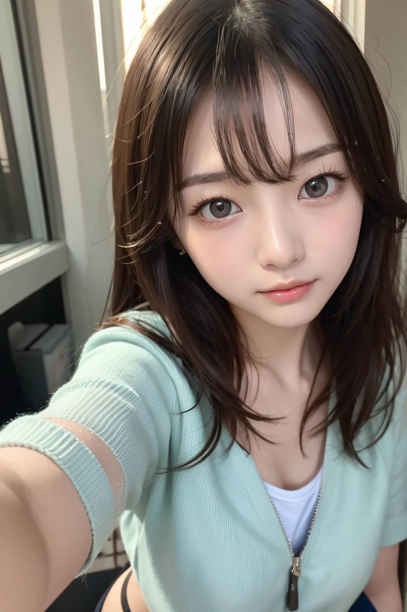 Clothed、(Photo Real:1.4)、(hyper realisitic:1.4)、(realisitic:1.3)、 (Smooth lighting:1.05)、(Improve video lighting quality:0.9)、32 k、 1girl in、20 years girl、Realistic lighting、Back lighting、Facial light、raytrace、(cheerfulness:1.2)、(Improved image quality:1.4)、 (Finest Real Textured Skins)、finely eye、finerly detailed face、 (Tiredness, sleep, satisfied:0.0)、close up of face、student clothes:1.3、Korean Idol、Nogizaka Idol、hposing Gravure Idol (Bodyline mood improvement:1.1)、glowy skin、Korean Idol、Nogizaka Idol、hposing Gravure Idol、selfee