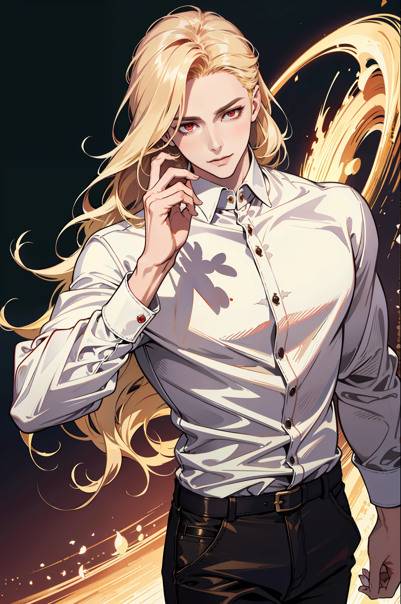 (absurdres, highres, ultra detailed), 1man, 30 years old man, adult man, handsome, tall,, finely detailed eyes and detailed face, leather pants, (((white shirt))), night, smile, dutch angle, ((long hair, blonde hair)), moon, gold details, gothic, vampire, vampire prince, dark, simple clothes, looking at the view, pale skin, red detailed eyes, (masculine), sexy, elegant, long bangs, detailed hands, (((red eyes)))