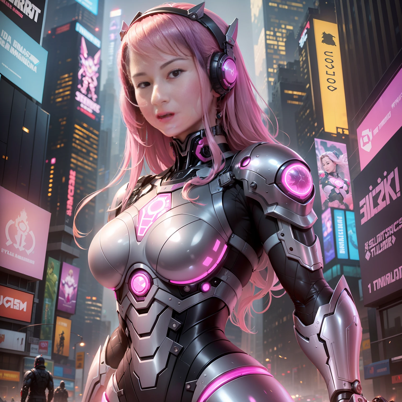 Dia de tempestade, New York City Times Square, Tudo Pink Armor, (Armadura toda cor de rosa Grande Hulkbuster Rosa), fantasia, Cyberpunk, (arma, menina da arma, rosa ultra brilhante: 1.1), 1girl, mechanical marvel, Presence robotics, cybernetic guardian, desgaste intemperizado, intrincado, mechanical suit (steel [brilhante] metal), elegante, Clear focus, Filmado por Greg Rutkowski, soft lighting, cores vibrantes, master part, ((rua)), beautiful young lady, menina forte, menina musculosa, longos cabelos brancos, dynamic pose,