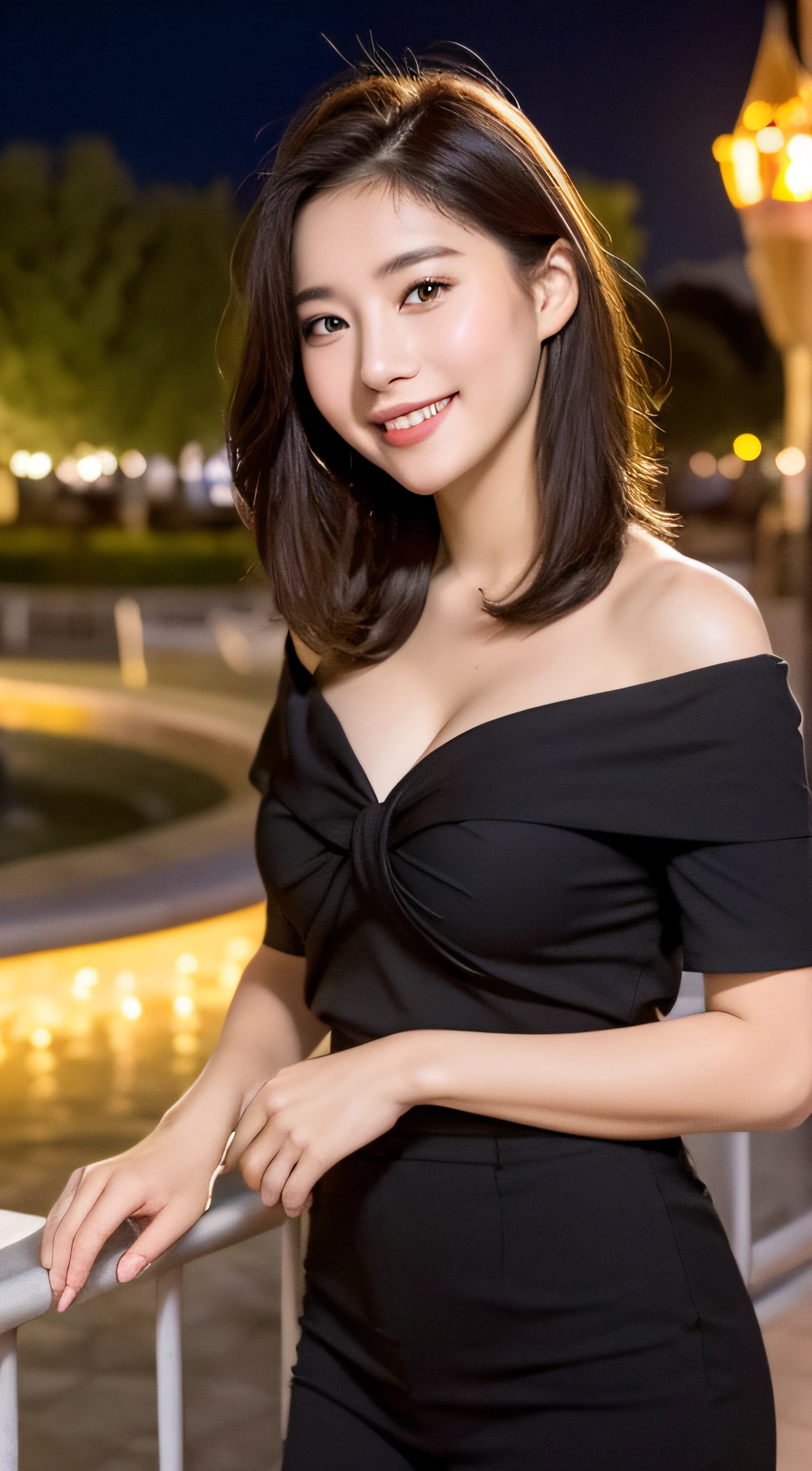 ((Night Scene, Realistic Light, Best Quality, 8k, Masterpiece: 1.3)), 1 Girl, Slim Body Beauty: 1.4, Brown Hair, (Big: 1.3), Off Shoulder Cut Top: 1.3, Ultra Detailed Face, Detailed Eyes, Double Eyelids, Disneyland, Fountain, Castle, Fireworks, Smile, Cleavage, Saggy
