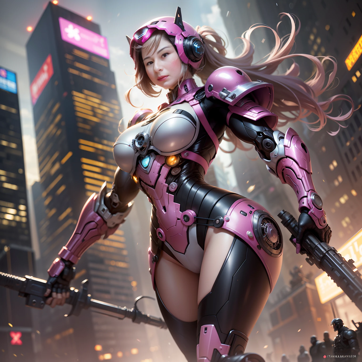 Dia de tempestade, New York City Times Squere, Tudo Pink Armor, (Armadura toda cor de rosa Grande Hulkbuster Rosa), fantasia, Cyberpunk, (arma, ****** da arma, rosa ultra brilhante: 1.1), 1girl, mechanical marvel, Presence robotics, cybernetic guardian, desgaste intemperizado, intrincado, mechanical suit (steel [brilhante] metal), elegante, Clear focus, Filmado por Greg Rutkowski, soft lighting, cores vibrantes, master part, ((rua)), beautiful young lady, ****** forte, ****** musculosa, longos cabelos brancos, dynamic pose,