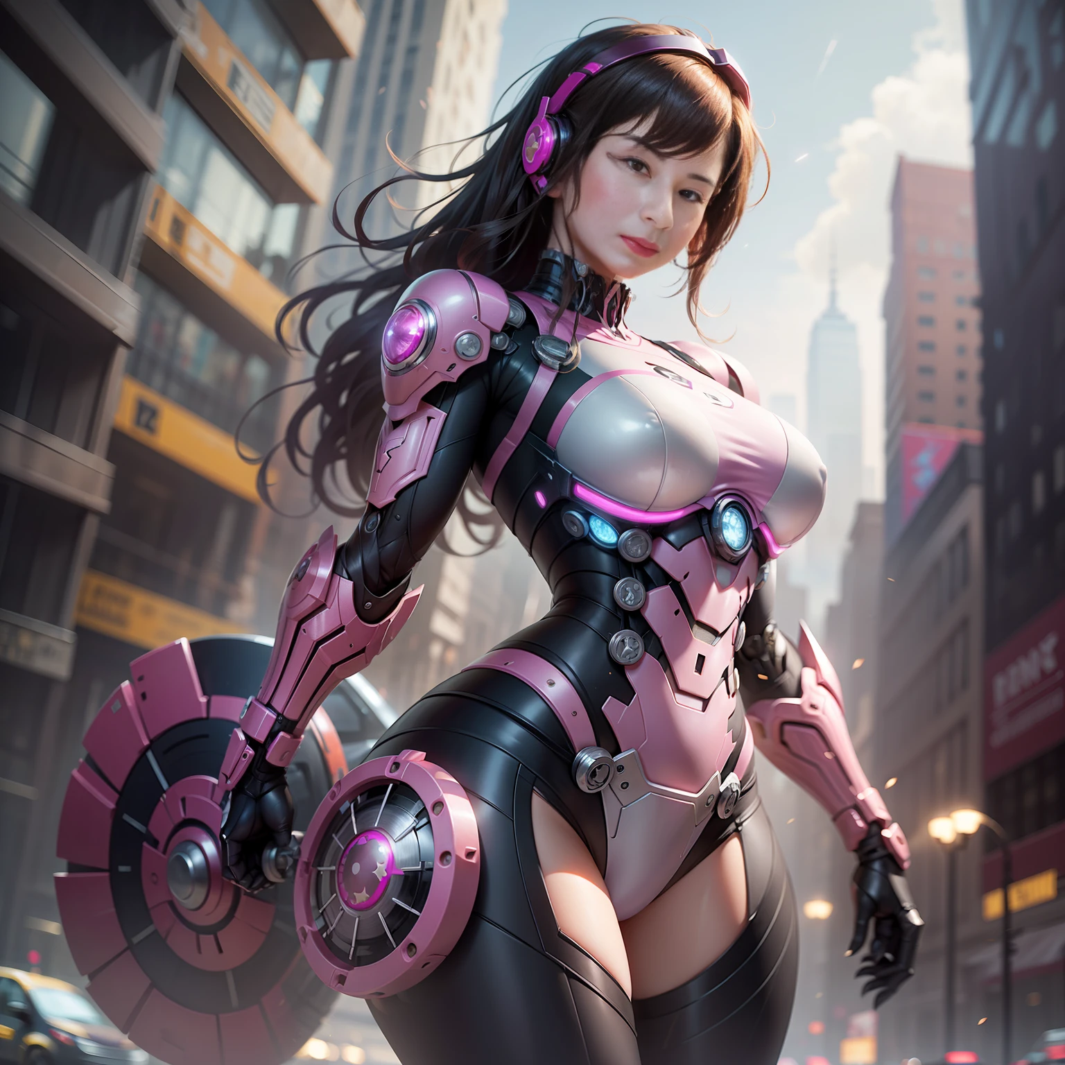 Dia de tempestade, New York City Times Squere, Tudo Pink Armor, (Armadura toda cor de rosa Grande Hulkbuster Rosa), fantasia, Cyberpunk, (arma, menina da arma, rosa ultra brilhante: 1.1), 1girl, mechanical marvel, Presence robotics, cybernetic guardian, desgaste intemperizado, intrincado, mechanical suit (steel [brilhante] metal), elegante, Clear focus, Filmado por Greg Rutkowski, soft lighting, cores vibrantes, master part, ((rua)), beautiful young lady, menina forte, menina musculosa, longos cabelos brancos, dynamic pose,