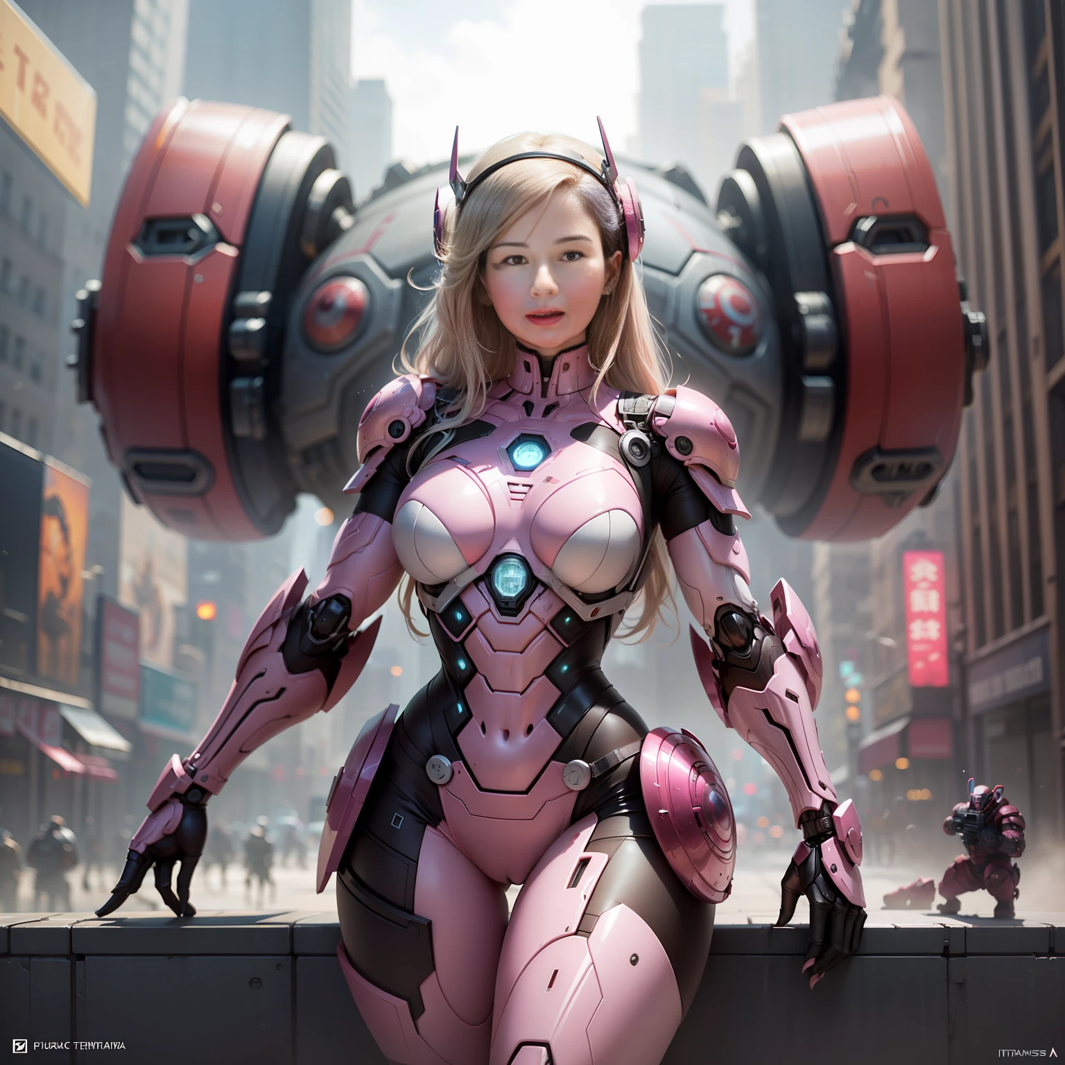 Dia de tempestade, New York City Times Squere, Tudo Pink Armor, (Armadura toda cor de rosa Grande Hulkbuster Rosa), fantasia, Cyberpunk, (arma, ****** da arma, rosa ultra brilhante: 1.1), 1girl, mechanical marvel, Presence robotics, cybernetic guardian, desgaste intemperizado, intrincado, mechanical suit (steel [brilhante] metal), Elegante, Clear focus, Filmado por Greg Rutkowski, soft lighting, cores vibrantes, master part, ((Rua)), beautiful young lady, ****** forte, ****** musculosa, longos cabelos brancos, dynamic pose,