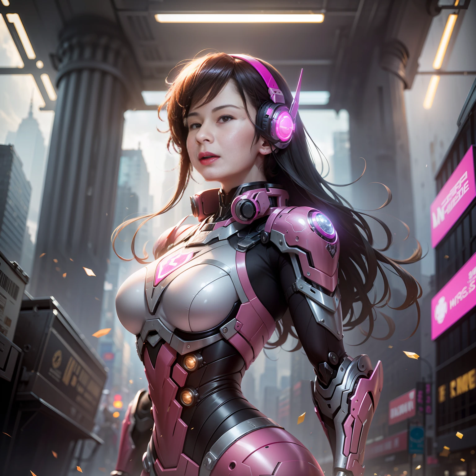 Dia de tempestade, New York City Times Squere, Tudo Pink Armor, (Armadura toda cor de rosa Grande Hulkbuster Rosa), fantasia, Cyberpunk, (arma, menina da arma, rosa ultra brilhante: 1.1), 1girl, mechanical marvel, Presence robotics, cybernetic guardian, desgaste intemperizado, intrincado, mechanical suit (steel [brilhante] metal), Elegante, Clear focus, Filmado por Greg Rutkowski, soft lighting, cores vibrantes, master part, ((Rua)), beautiful young lady, menina forte, menina musculosa, longos cabelos brancos, dynamic pose,