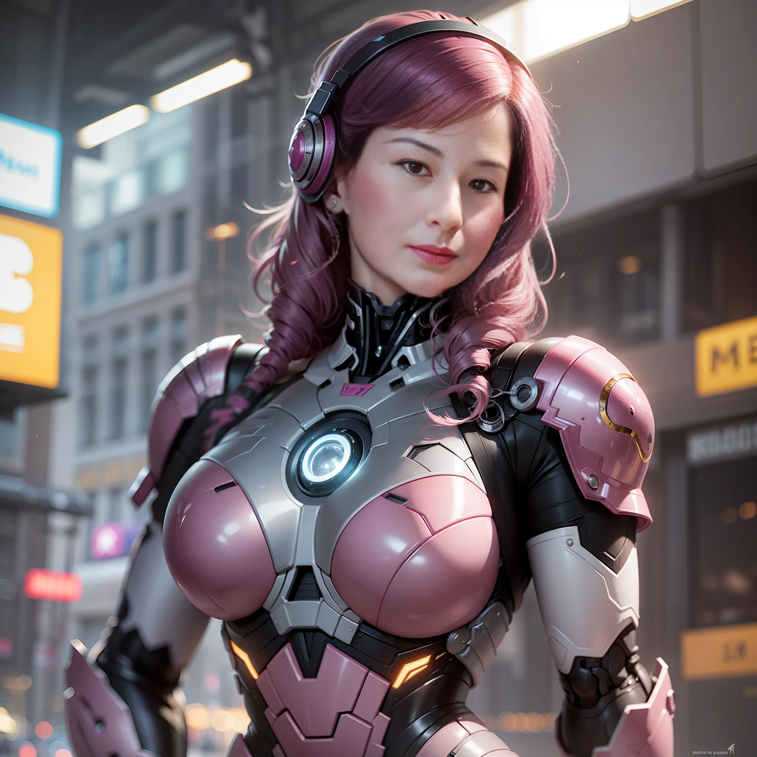 Dia de tempestade, New York City Times Esqueça, Tudo Hot Pink Armor, (Toda Armadura Grande Hulkbuster Rosa), fantasia, Cyberpunk, (arma,  da arma, rosa ultra brilhante: 1.1), 1girl, mechanical marvel, Presence robotics, cybernetic guardian, desgaste intemperizado, intrincado, mechanical suit (steel [brilhante] metal), Elegante, Clear focus, Filmado por Greg Rutkowski, soft lighting, cores vibrantes, master part, ((Rua)), beautiful young lady, menina, menina musculongos cabelos brancos, dynamic pose ,
