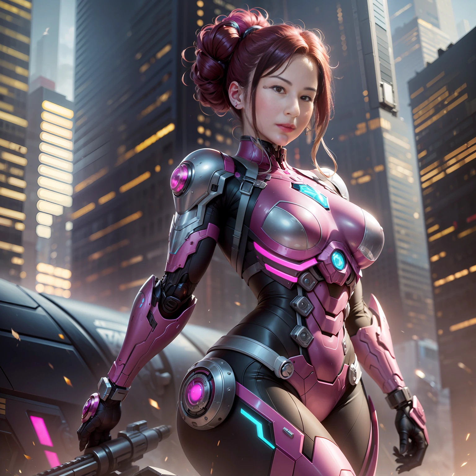 Dia de tempestade, New York City Times Esqueça, Tudo Hot Pink Armor, (Toda Armadura Grande Hulkbuster Rosa), fantasia, Cyberpunk, (arma, menina da arma, rosa ultra brilhante: 1.1), 1girl, mechanical marvel, Presence robotics, cybernetic guardian, desgaste intemperizado, intrincado, mechanical suit (steel [brilhante] metal), Elegante, Clear focus, Filmado por Greg Rutkowski, soft lighting, cores vibrantes, master part, ((Rua)), beautiful young lady, menina forte, menina musculosa, longos cabelos brancos, dynamic pose ,