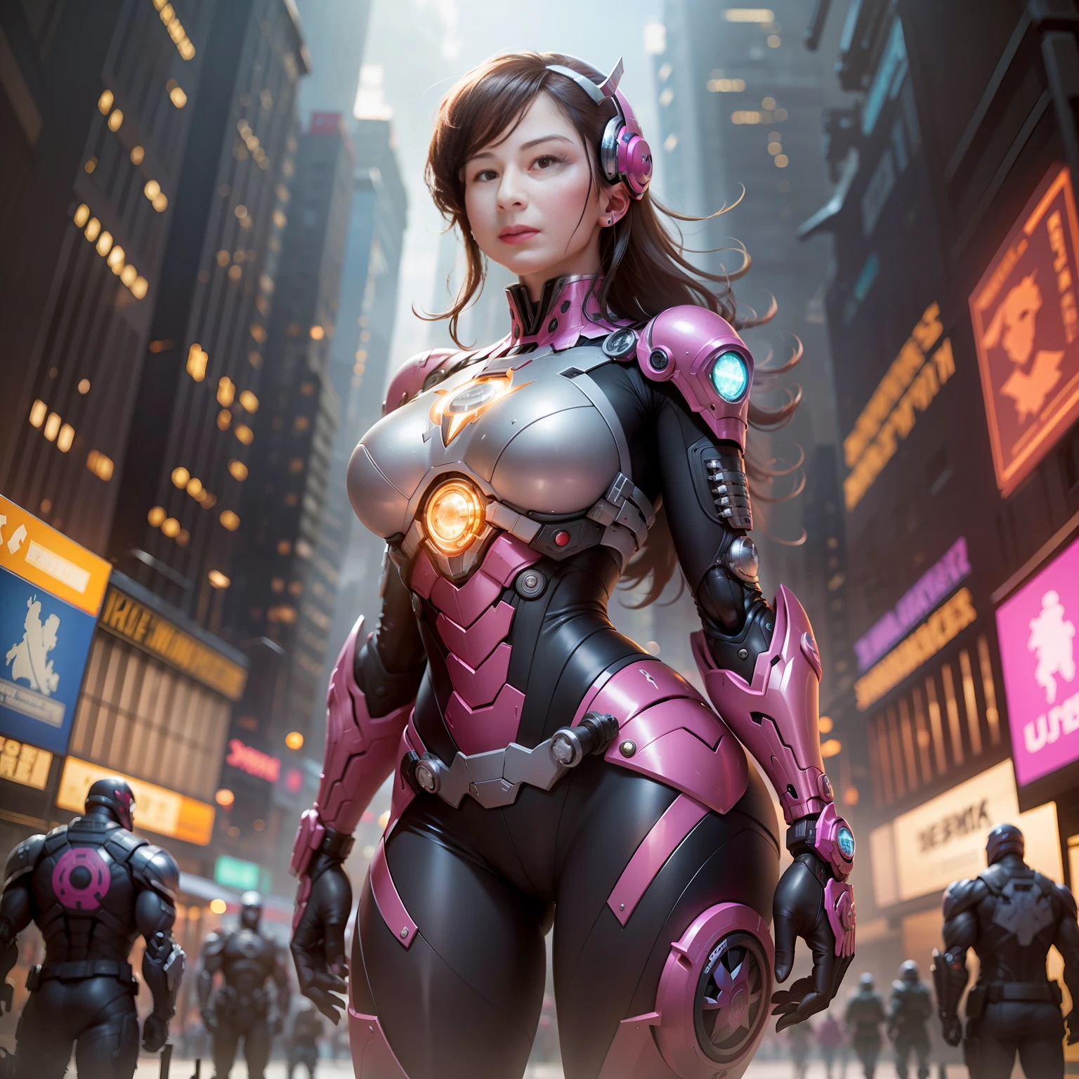Dia de tempestade, New York City Times Esqueça, Tudo Hot Pink Armor, (Toda Armadura Grande Hulkbuster Rosa), fantasia, Cyberpunk, (arma, menina da arma, rosa ultra brilhante: 1.1), 1girl, mechanical marvel, Presence robotics, cybernetic guardian, desgaste intemperizado, intrincado, mechanical suit (steel [brilhante] metal), Elegante, Clear focus, Filmado por Greg Rutkowski, soft lighting, cores vibrantes, master part, ((Rua)), beautiful young lady, menina forte, menina musculosa, longos cabelos brancos, dynamic pose ,