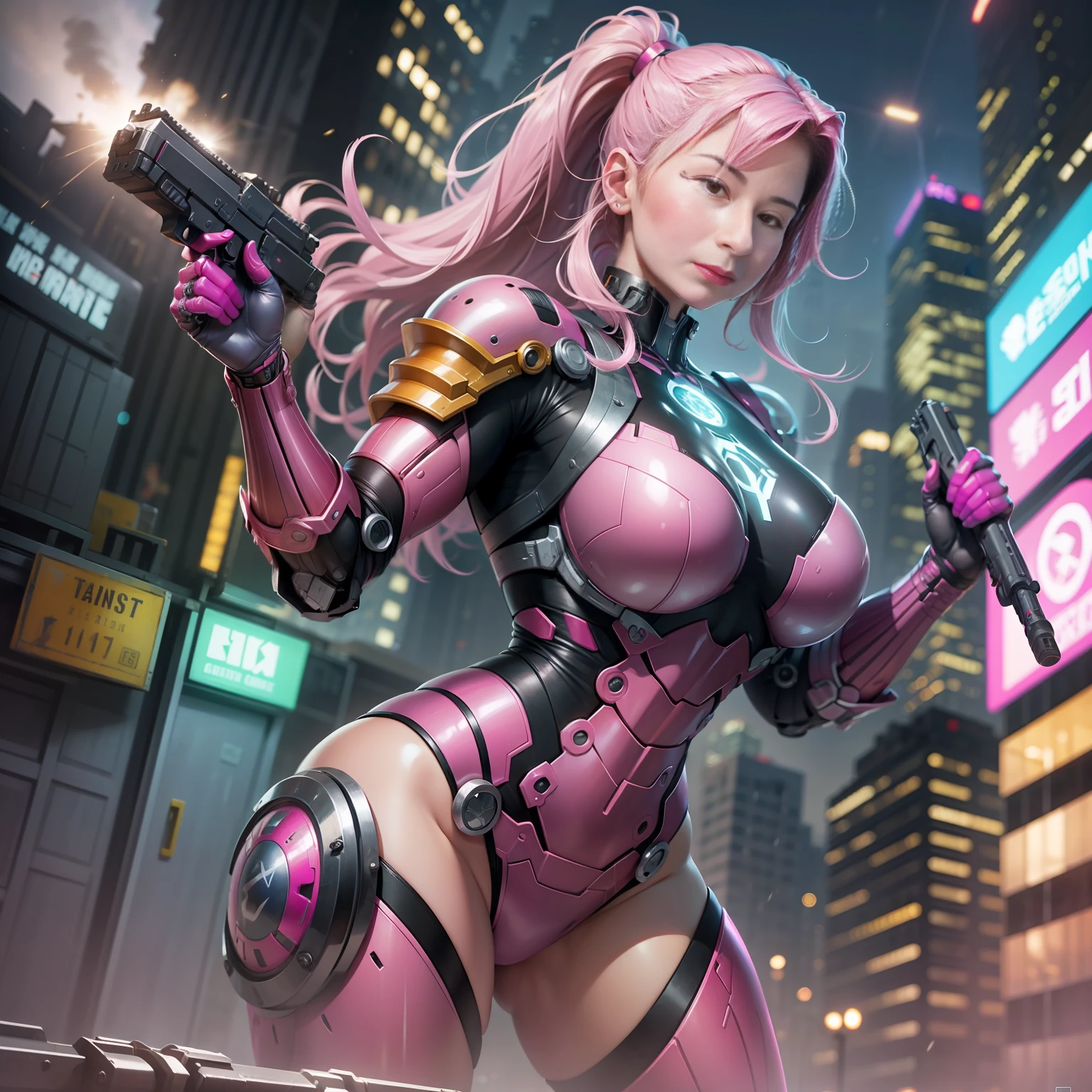 hot pink, (hulkbuster big armor), stormy day, new york city times forget , fantasy, cyberpunk, (weapon, gun girl, ultra bright pink: 1.1), 1girl, mechanical marvel, robotic presence, cybernetic guardian, frayed wear , intricate , Mechanic Suit (Steel [bright] Metal), Elegant, Clear Focus, Filmed by Greg Rutkowski, soft lighting, vibrant colors, masterpiece, ((street)), pretty girl, strong girl, muscular girl, long hair whites, dynamic pose,
