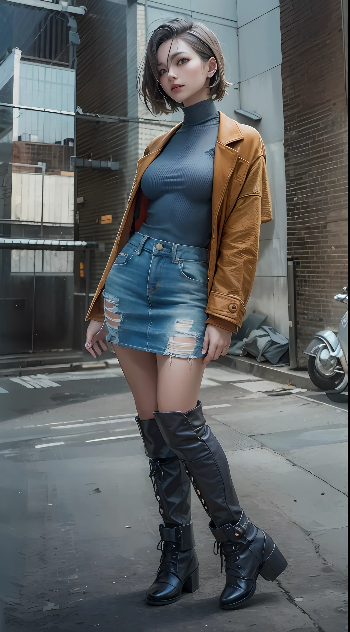 （（best qualtiy））， （（tmasterpiece））， （A detailed：1.4），（（full bodyesbian）），Enhanced dynamic perspective，beautiful sexy girl，夏天，Denim long skirt，（Lunette de soleil），Come to me，（Future sci-fi city street，Egg-shaped building），（（Lateral face）），Street photography，Bright colors，dream magical，optic，high qulity，super-fine，Detailed pubic hair，Accurate，Cinematic lighting，