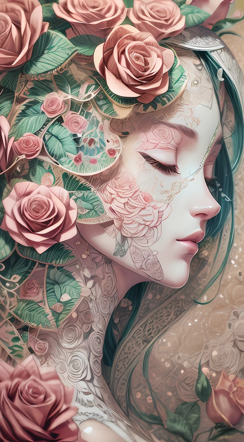 (illustration:1.3),paper art, zentangle，3D rendering，Spring，(Beauty side face,close eyes:1.3)，(roses:1.2), Colorful, Best quality, Detailed details, Masterpiece, offcial art, Cinematic lighting effects, 4K,