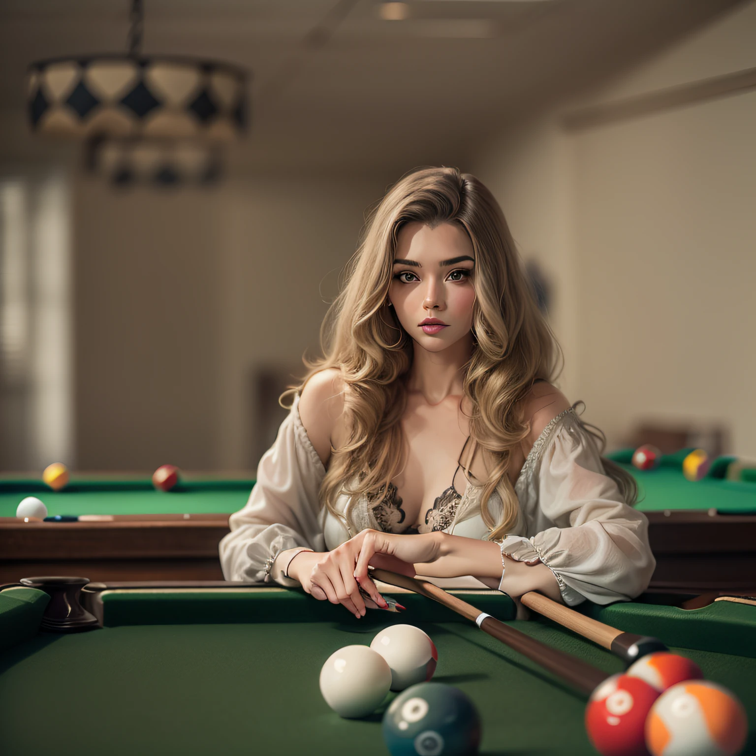 beautiful woman sitting on pool table with a billiard cue