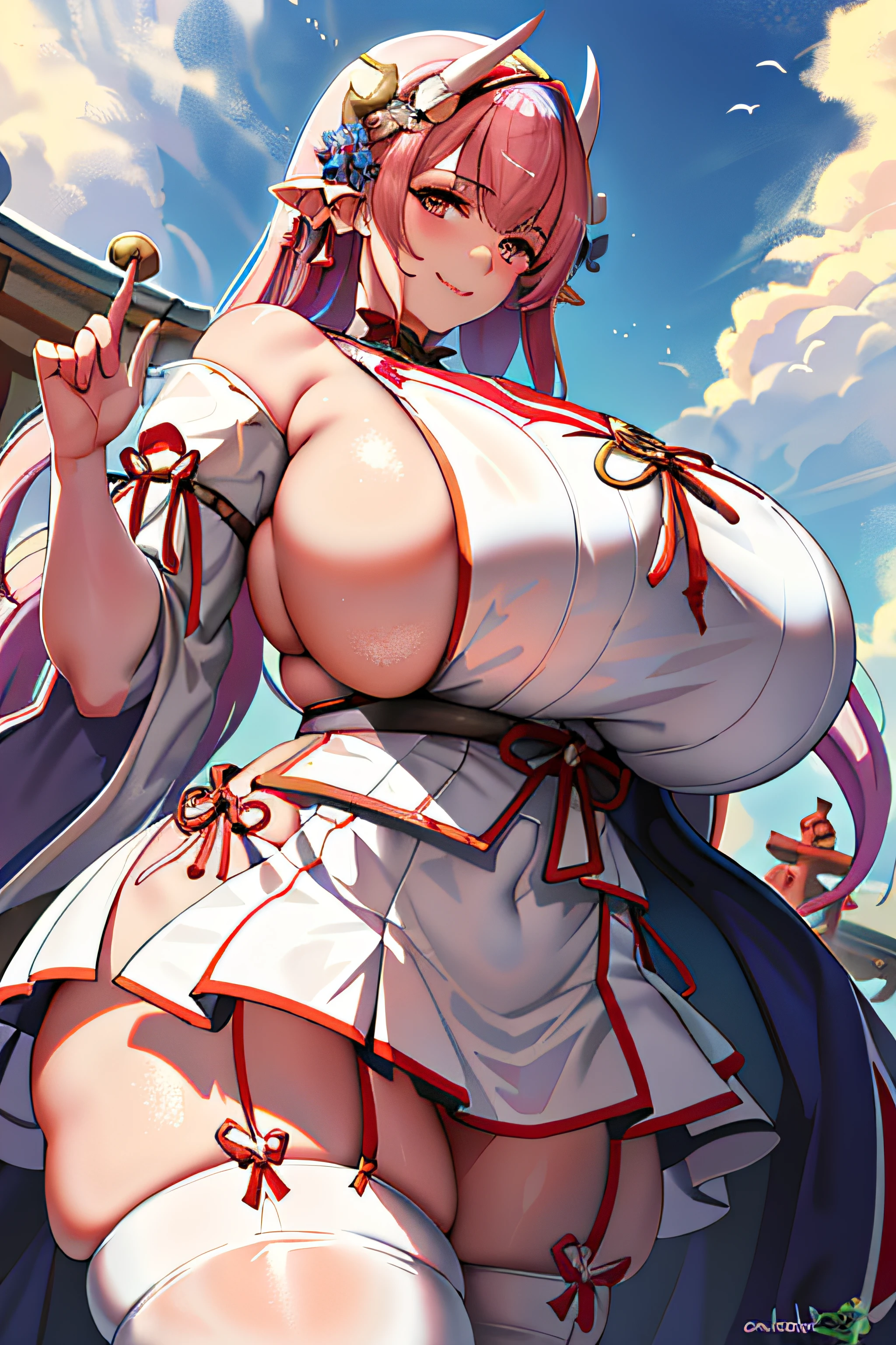 (shrine maiden:1)、(Bull shaped)、Convoluted、Perfect litthing、1girl in、looking at the viewers、a smile、mean、byte、(((ridiculously large breasts)))、(Ridiculously huge breasts:1.5)、((huge udder))、SHINES(​masterpiece)、(top-quality)