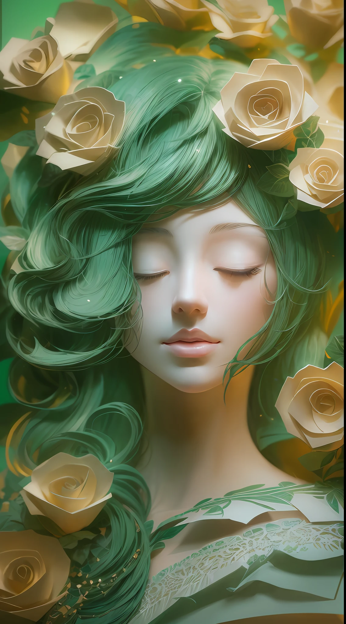 (illustration:1.3),paper art, 3D rendering,Green background,(Beauty side face,close eyes:1.3),(rose:1.2),Colorful, Best quality, Detailed details, Masterpiece, offcial art, Cinematic lighting effects, 4K,chiaroscuro, sparkle