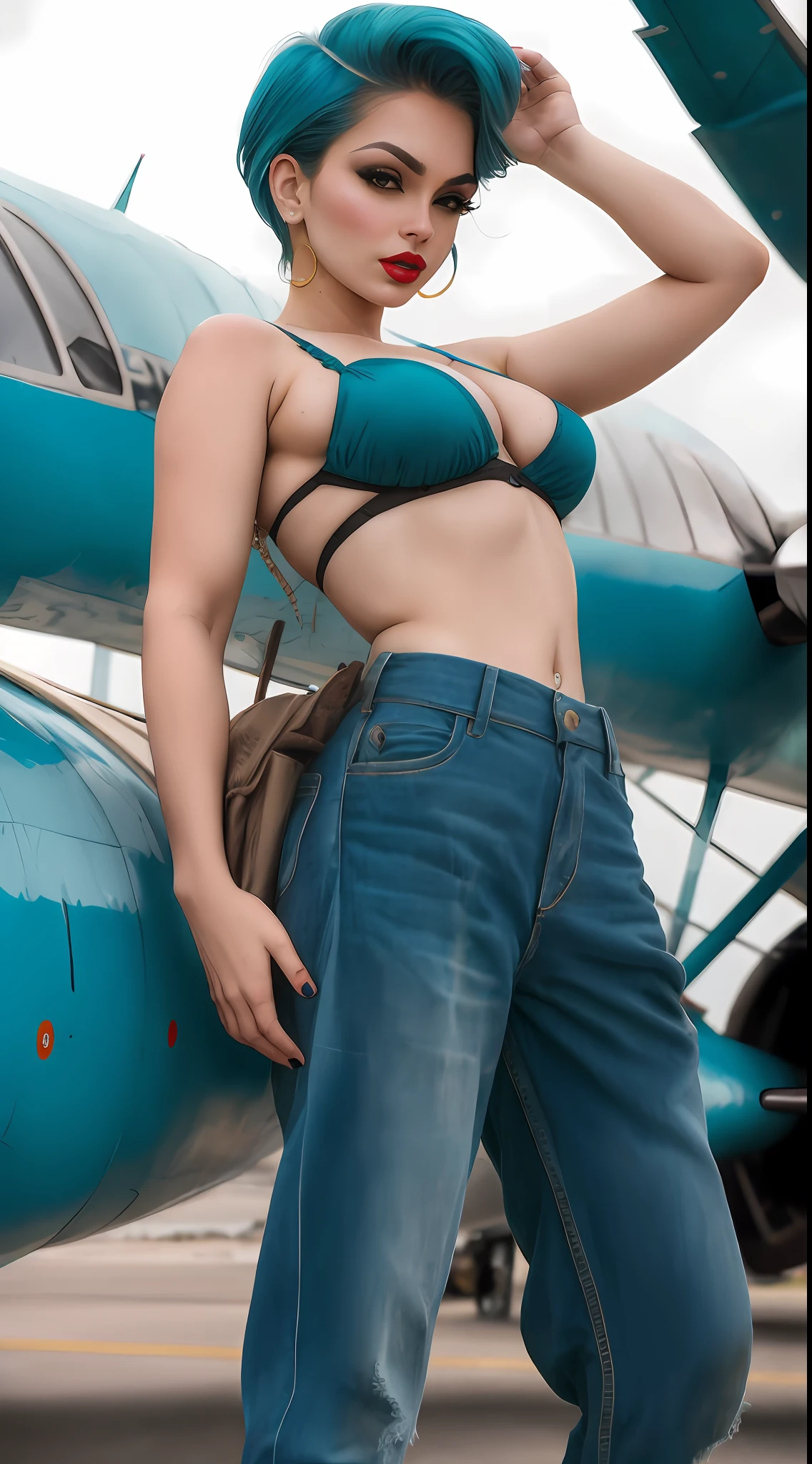 ((al estilo de Gil Elvgren o Alberto Vargas)), ((Bulma de DBZ,))red lipstik, lunares, Moda vintage, Pantalones cortos de cintura alta, Tapa recortada, cabello azul ondulado, prop plane in the background.