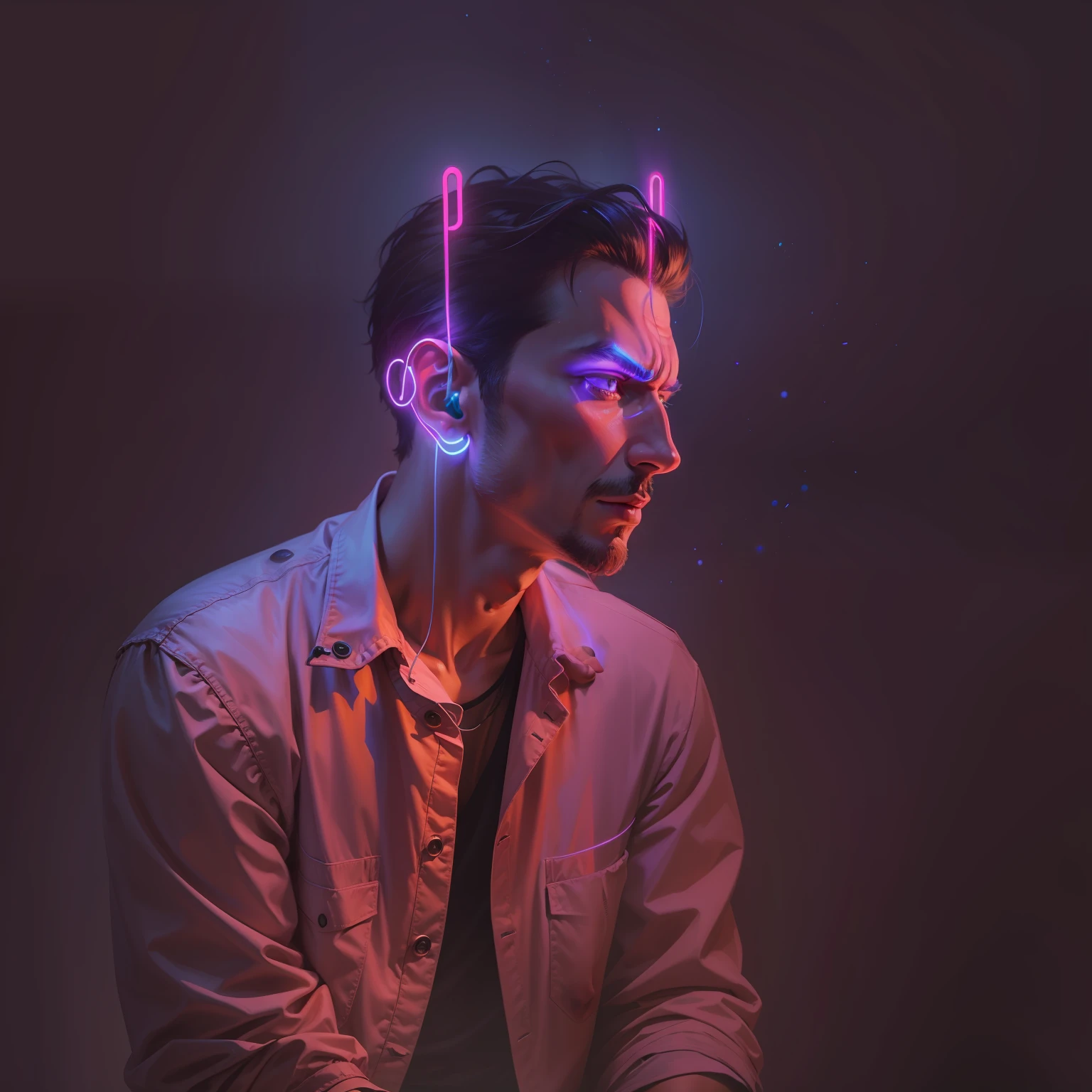 I want a neon image of a man with his hand on his head upset
