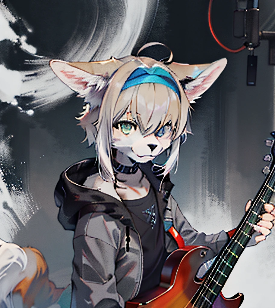 One wears a gray coat and black(fluffy anthro furry:1.3), Furry gray wolf, (Michiru:1.1),, 1boy, Solo, whaite hair, Two-color hair, (colorful eyes:1.3), Wolf ears, electric bass