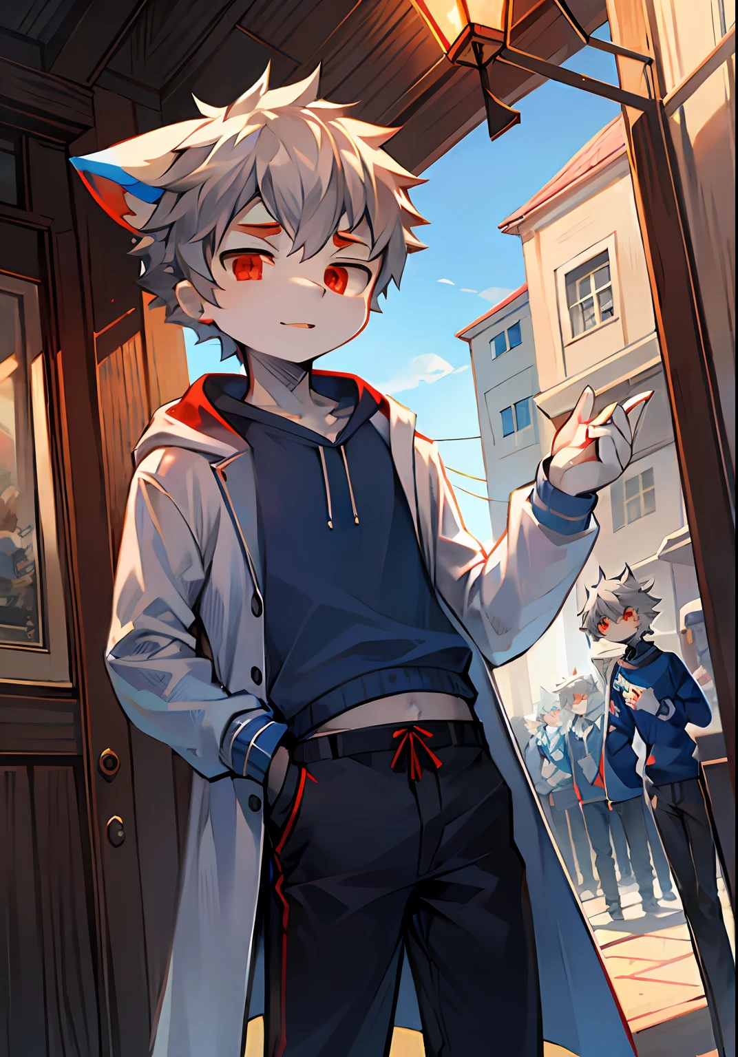 catss，Gray hair and red eyes，Blue and white coat color，adolable，theelementoffire，vivaciousness，A boy with，underage,Casual sweatshirt，lively and lovely，shorter pants