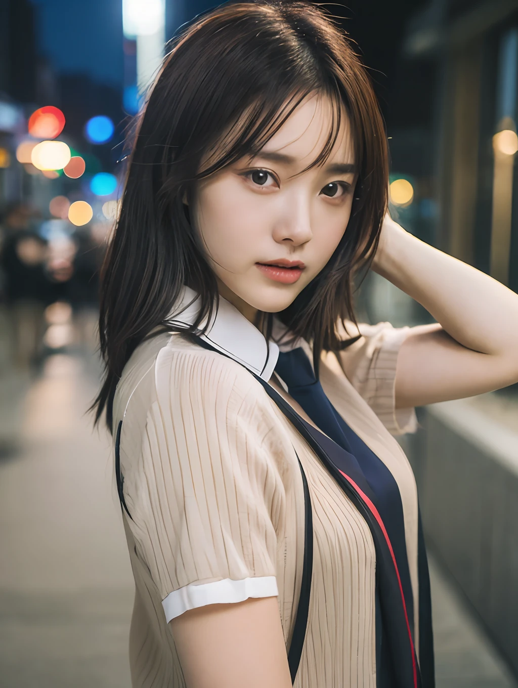 ((Realistic lighting, best qualtiy, 8k, tmasterpiece:1.3)), sharp fokus:1.2, 1girl, Beautiful Women with Perfect Figure:1.4,((dark brown hair)), (Japanese-style school uniform:1.4),(exteriors,during night:1.1),the city street,Ultra-fine face,Fine eyes,二重まぶた,
