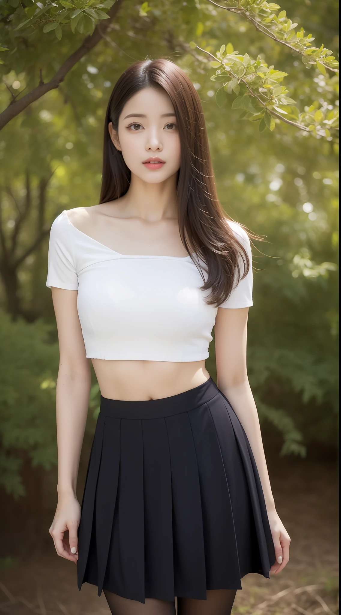Atriz coreana jovem bonita, 15 anos, melhor qualidade, ultra high-resolution, (fotorrealista: 1.4), sakura tree, Strapless top, decote exposto, Tiny pleated skirt, Uniforme escolar, white pantyhose, calcinha, brassier, salto em altura, corpo perfeito, seios pequenos, seios nus, Duro , longos cabelos loiros, ((olhos detalhados)), corpo inteiro, sexualmente excitada, Pose fofinha, coxas grossas, Jung Da-Eun, pele detalhada, pele clara, Taking off her skirt with her hand
