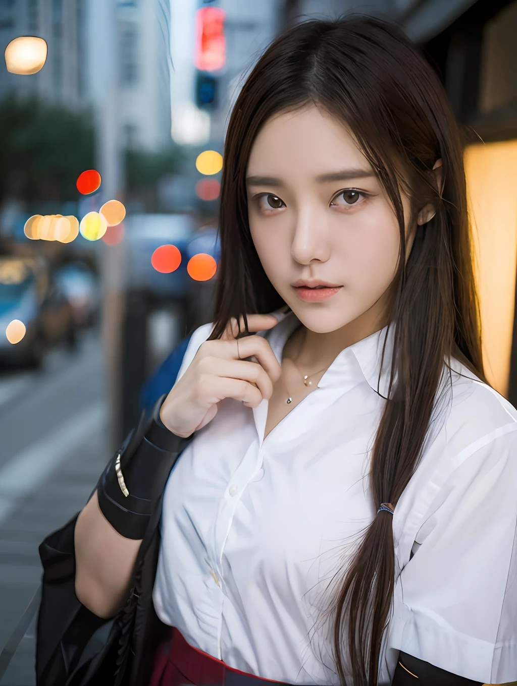 ((Realistic lighting, best qualtiy, 8K, tmasterpiece:1.3)), sharp fokus:1.2, 1girll, Beautiful Women with Perfect Figure:1.4,((dark brown hair)), (Japanese-style school uniform:1.4),(exteriors,during night:1.1),the city street,Ultra-fine face,Fine eyes,二重まぶた,