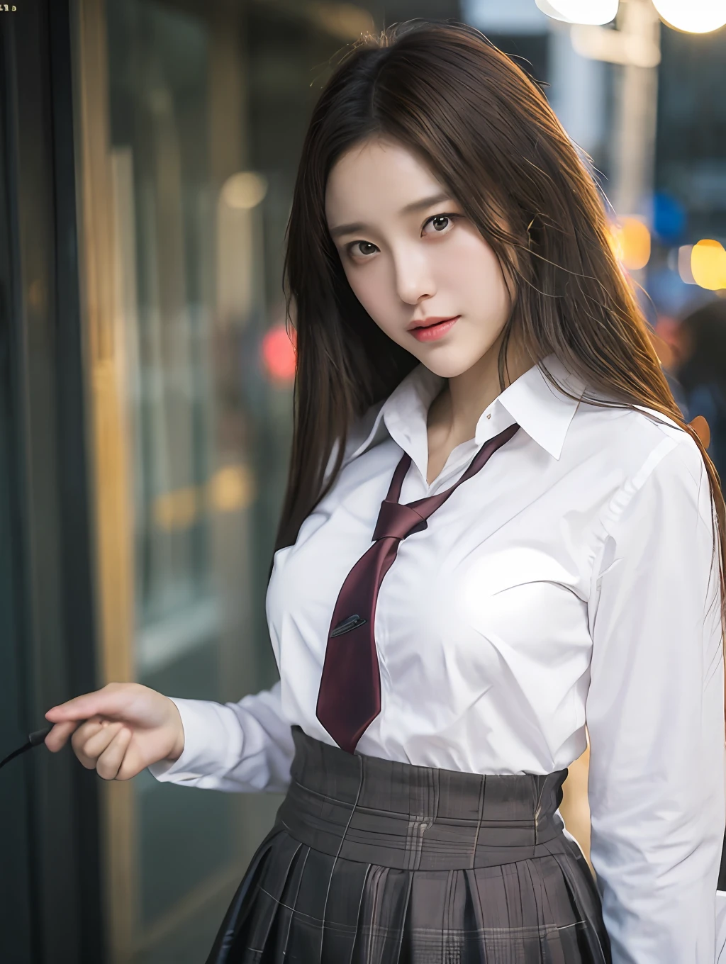 ((Realistic lighting, best qualtiy, 8K, tmasterpiece:1.3)), sharp fokus:1.2, 1girll, Beautiful Women with Perfect Figure:1.4,((dark brown  hair)), (Japanese-style school uniform:1.4）,（exteriors，during night：1.1），the city street，Ultra-fine face，Fine eyes，二重まぶた，