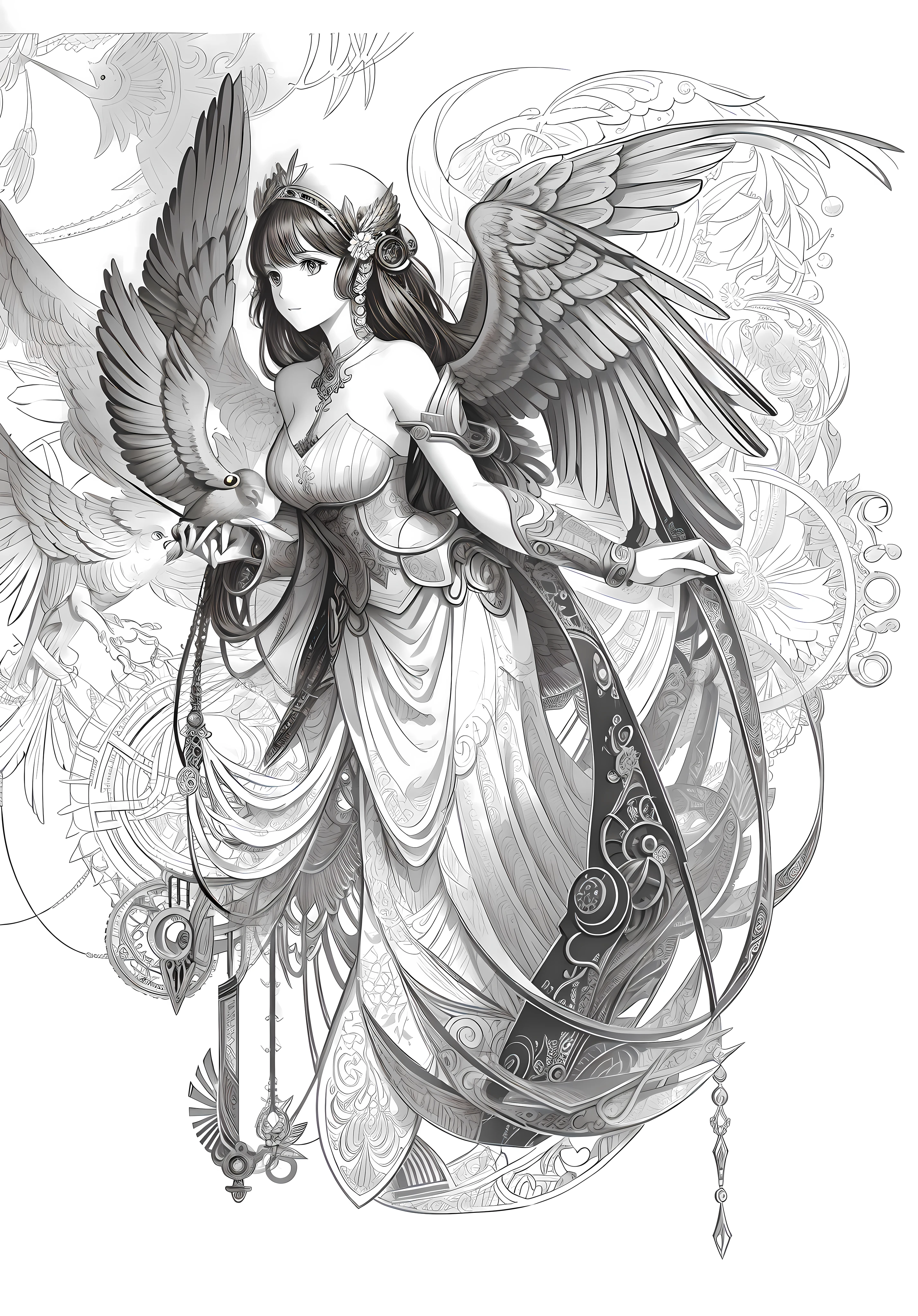 Draw a woman with a bird and a bird on her shoulder, intricate manga drawing, Detailed fantasy illustration, steampunk angel, pencil and ink manga drawing, detailed intricate illustration, fantasy painting of, black and white detailed sketch, intricate detailed illustration, clean ink detailed line drawing, great digital art with details, intricate details illustration, mechanical angel, pen and ink illustration