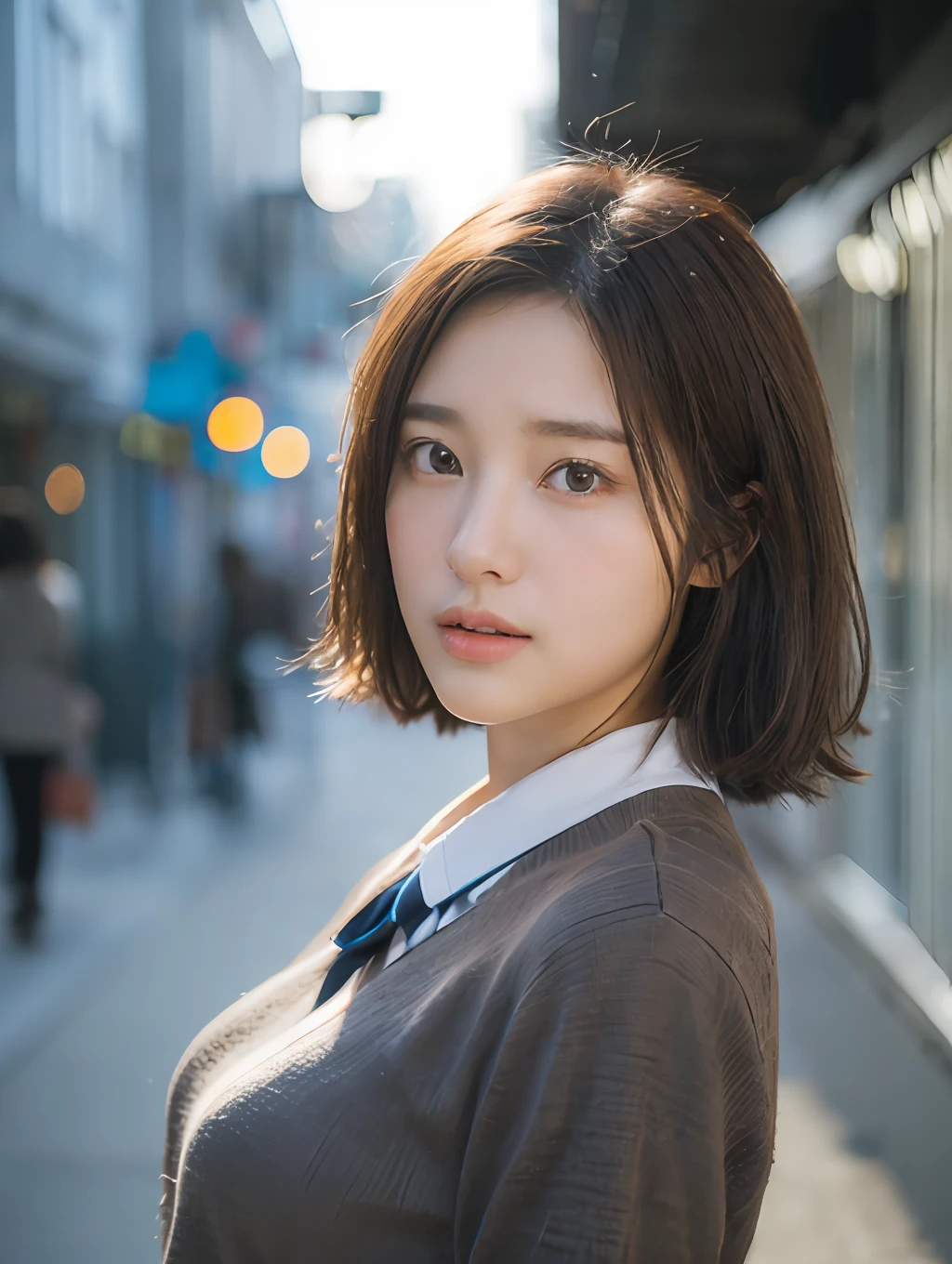 ((Realistic lighting, best qualtiy, 8K, tmasterpiece:1.3)), sharp fokus:1.2, 1girll, Beautiful Women with Perfect Figure:1.4,((dark brown hair)), (Japanese-style school uniform:1.4),(exteriors,during night:1.1),the city street,Ultra-fine face,Fine eyes,二重まぶた,