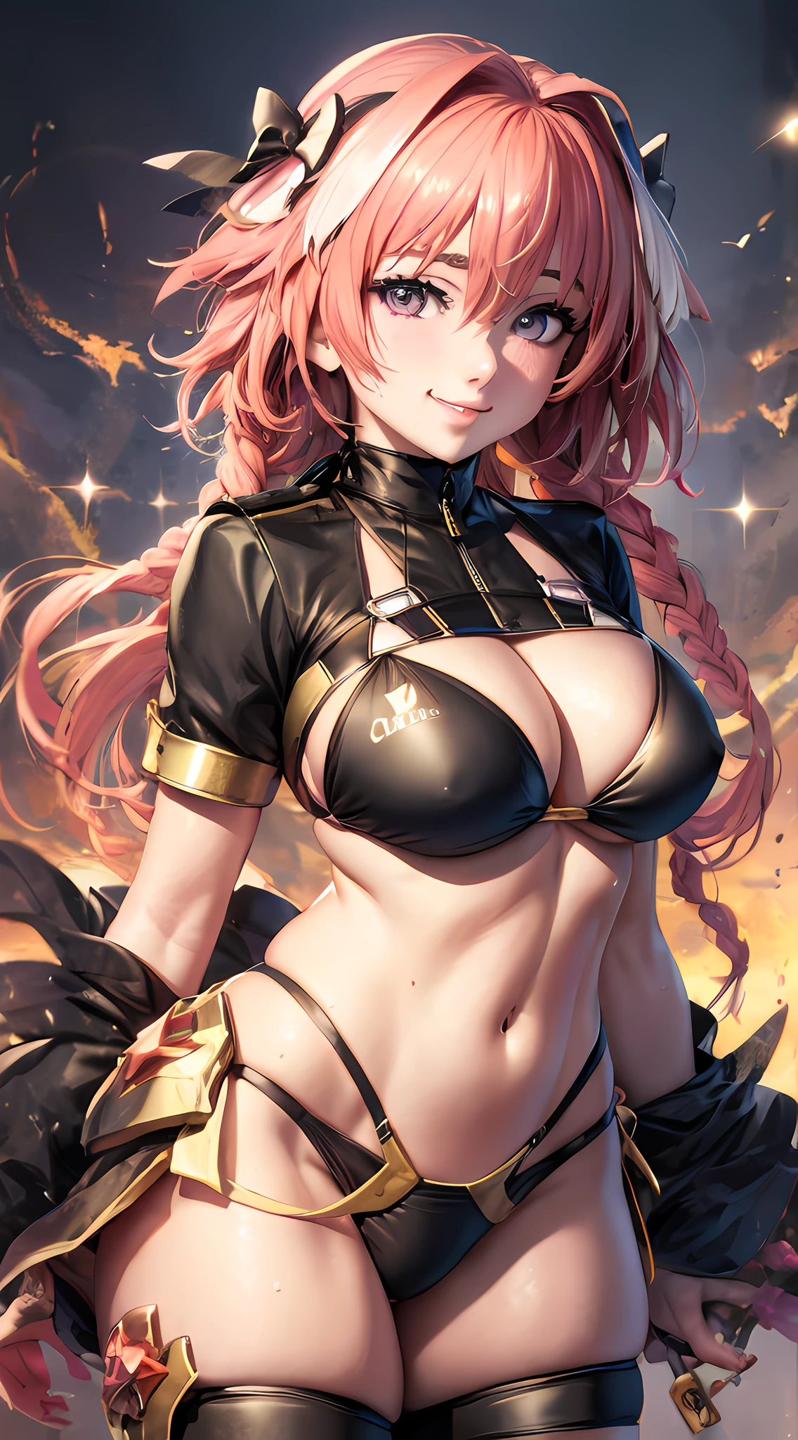 1girl, solo, bispo Lynette, seios pequenos, tonificado, cintura estreita, quadris largos, astolfo, cintura fina, figura ampulheta, sorriso sedutor, cabelo castanho claro, olhos azuis, bikini , sorriso, cavaleiro, cavaleiro,