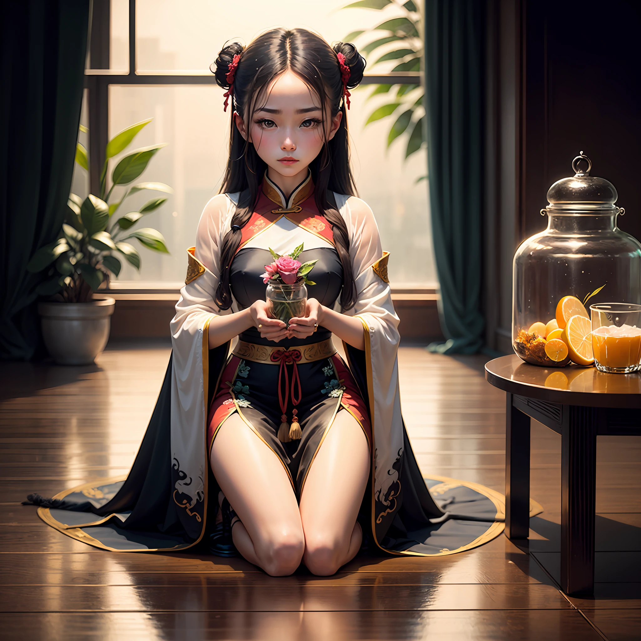Best quality,Complicated details,High- sharpness,(beautiful detailed water:1.4),(Hanfu,Tang style),Colorful eyes,(Girl in a glass jar:1.1)Kneeling on both knees,had his hands folded, --auto