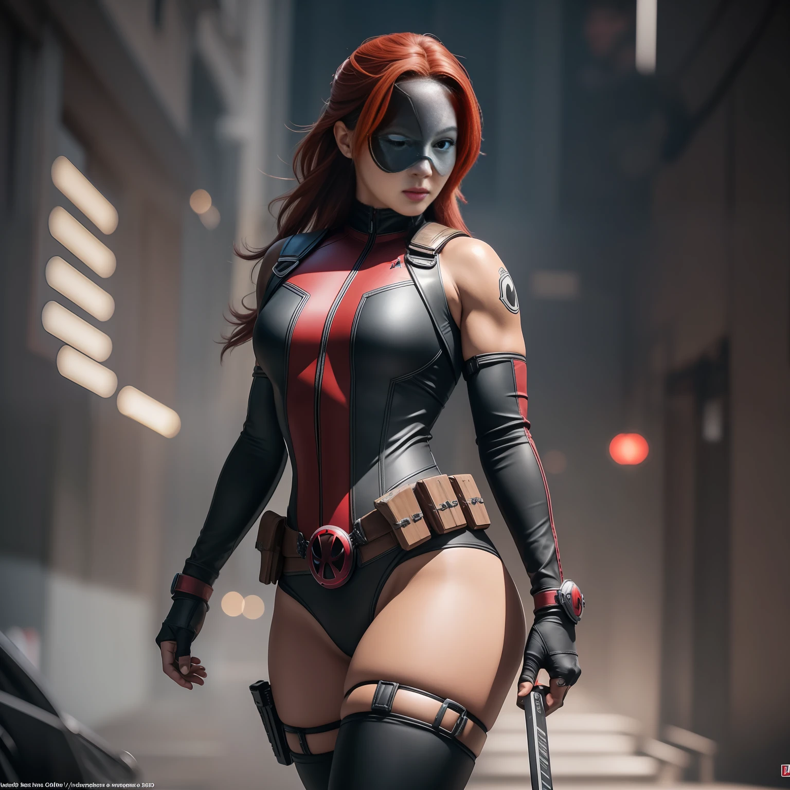 Mulher vestida com o uniforme do Deadpool da Marvel, terno completo do deadpool, no mask on, bulky medium breasts, seios perfeitos, no imperfections in the breasts, umbigo perfeito, lean physique, terno preto e vermelho, terno de spandex apertado, rosto perfeito, {Rosto sem bugs}, olhos perfeitos, {olhos sem bugs}, 2 katanas hanging behind the back, chest straps, pistolas na cintura, crescimento completo, hiper-realista, pequenos detalhes insanos, Extremely sharp lines, alta resolução, CG Unity ultra detalhado, cinematic lighthing, matizes, 8k, trending in artstation, trend in CGSociety, foco central, beco, Pintura digital, Sharp and intense focus, obras de Artgerm E. Rutkowski e Alphonse Mucha, CGSetnação