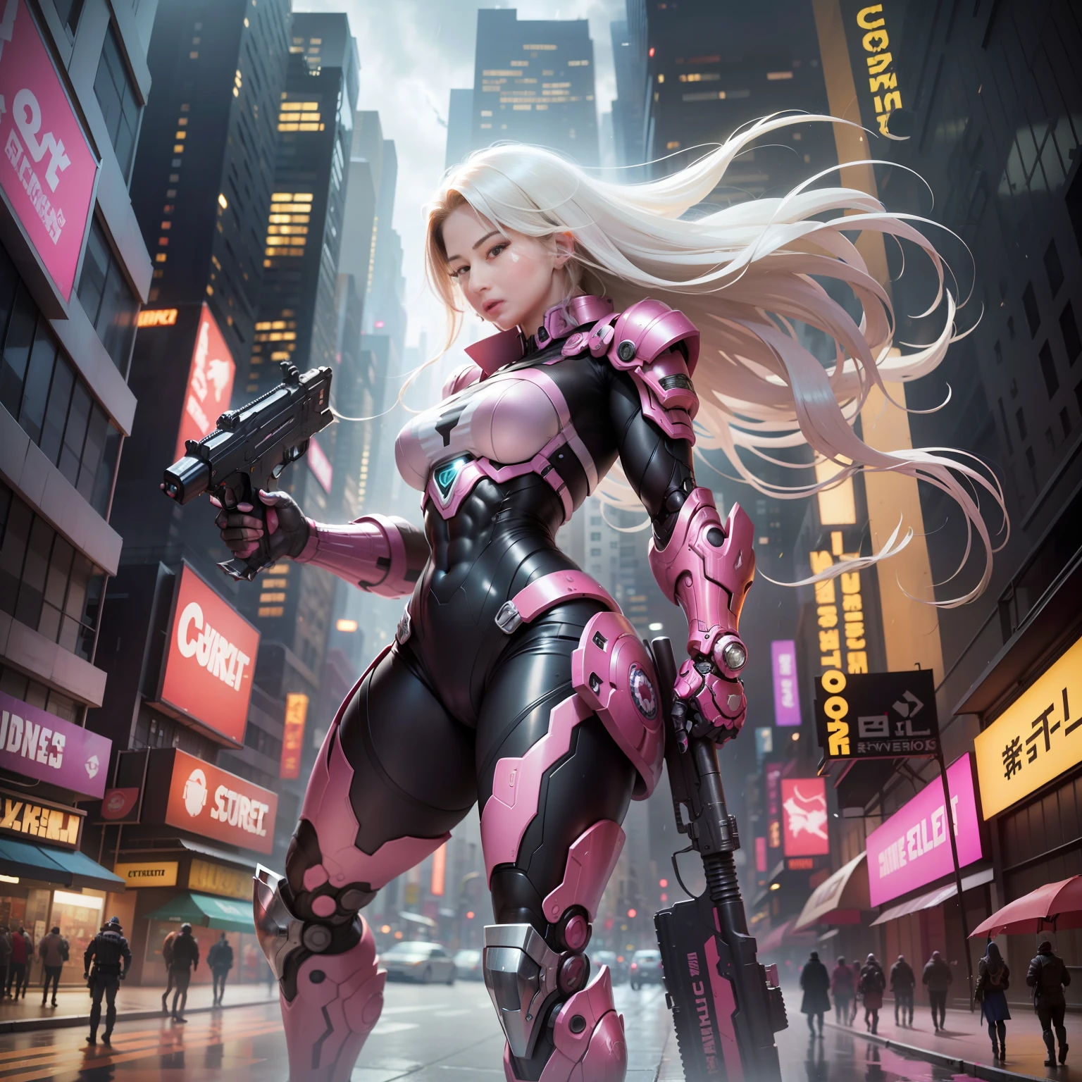Stormy Day, New York City Times Forget, Hot Pink, (Pink Hulkbuster Large Armor), Fantasy, Cyberpunk, (Weapon, Gun Girl, Ultra Bright Pink: 1.1), 1Girl, Mechanical Marvel, Robotic Presence, Cybernetic Guardian , worn wear, intricate , Mechanic Suit (Steel [bright] Metal), Sleek, Clear Focus, Filmed by Greg Rutkowski, soft lighting, vibrant colors, masterpiece, ((street)), pretty girl, strong girl, muscular girl , long white hair, dynamic pose ,