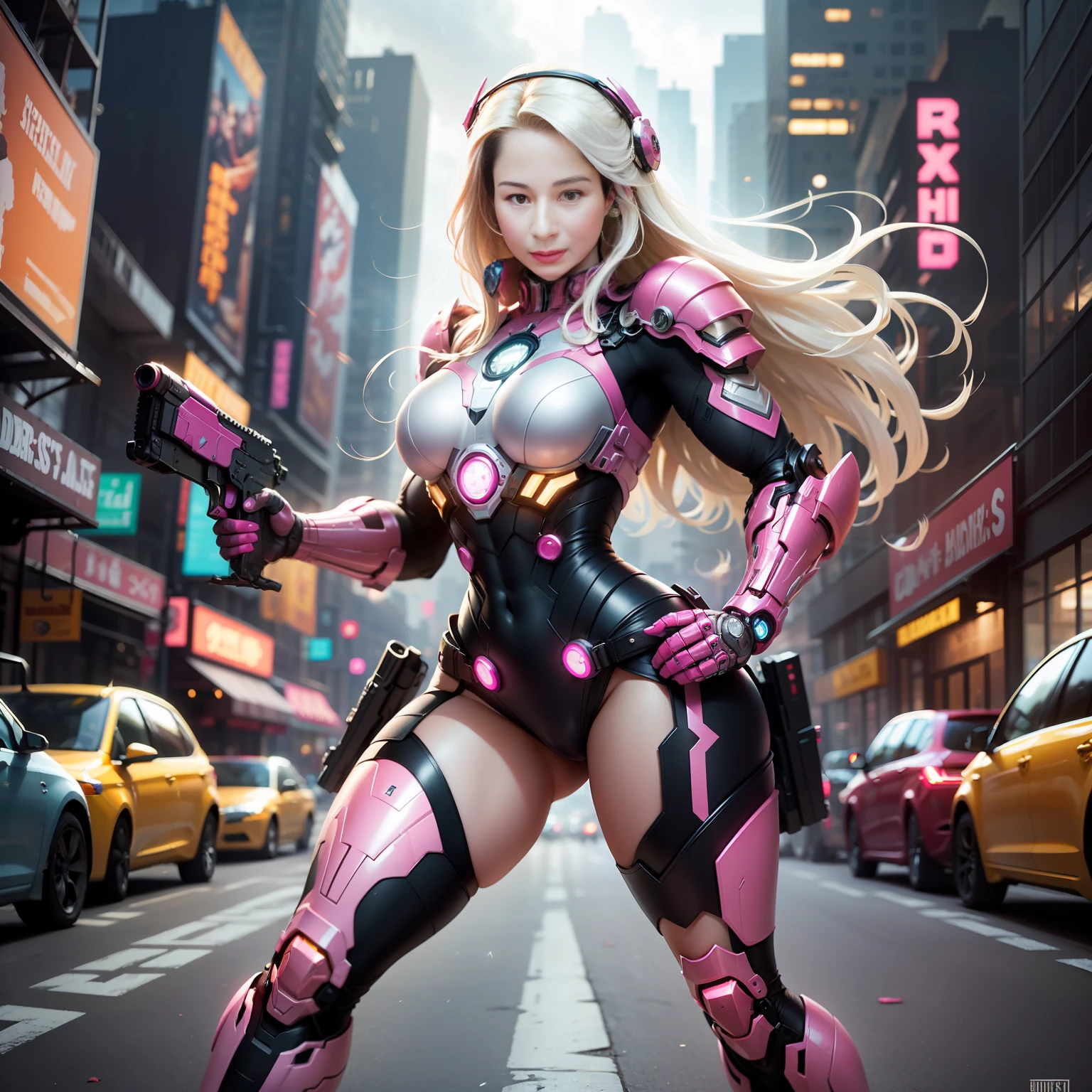 Stormy Day, New York City Times Forget, Hot Pink, (Pink Hulkbuster Large Armor), Fantasy, Cyberpunk, (Weapon, Gun Girl, Ultra Bright Pink: 1.1), 1Girl, Mechanical Marvel, Robotic Presence, Cybernetic Guardian , worn wear, intricate , Mechanic Suit (Steel [bright] Metal), Sleek, Clear Focus, Filmed by Greg Rutkowski, soft lighting, vibrant colors, masterpiece, ((street)), pretty girl, strong girl, muscular girl , long white hair, dynamic pose ,