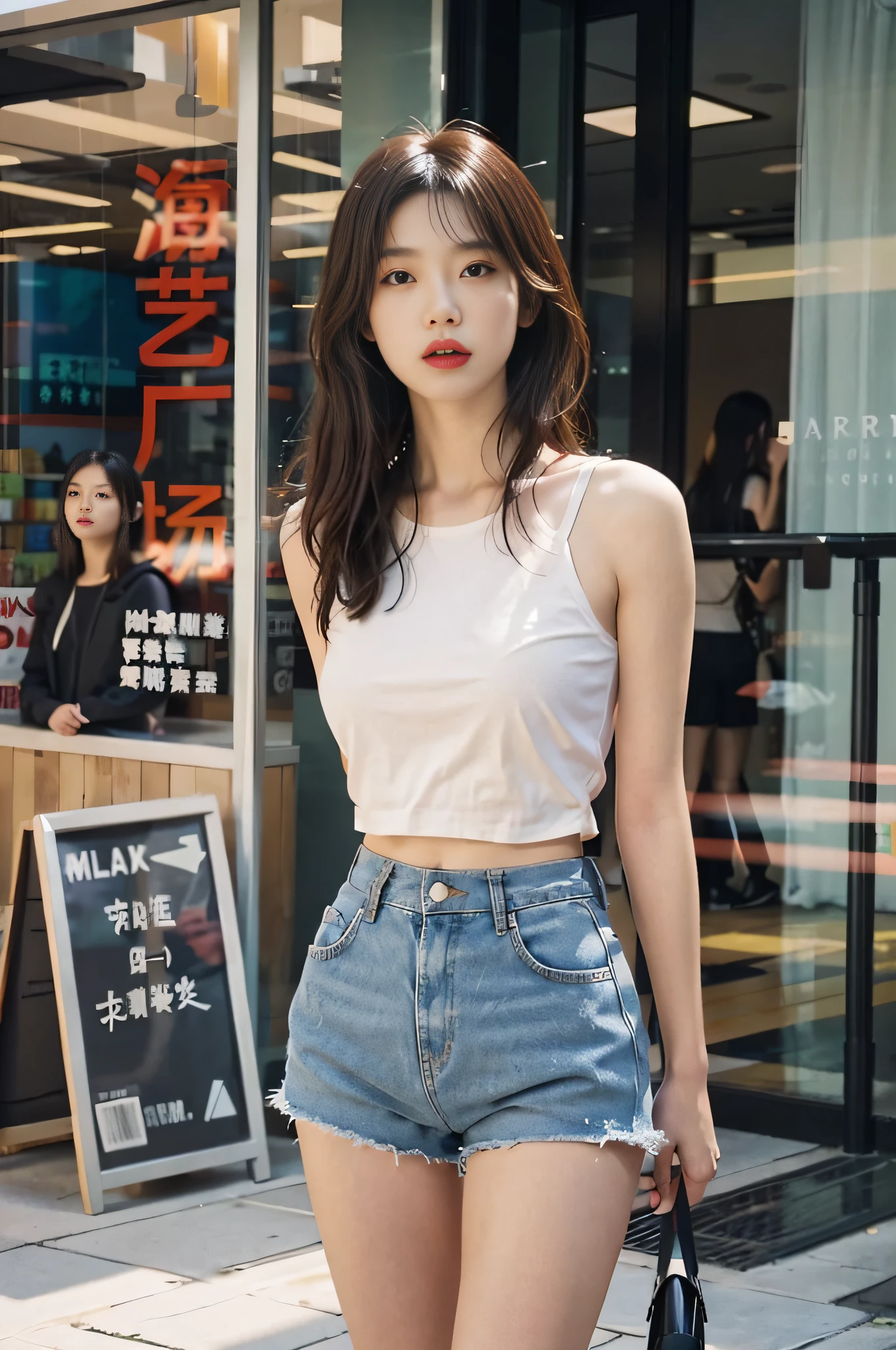1 girl, Full body sexy photos,Jeans,Wear a tight slip T-shirt,Wearing sneakers, cropped shoulders,Expose most of the waist,Show off your perfect figure,The facial features are delicate and three-dimensional, The expression is natural and real, cheerfulness,Detailed details,Real and natural,Walk next to the camera,Accidentally see your footage ,wearing denim short shorts, Photos of slim sexy girl models, Straight dark brown hair ,floated hair,Large breasts, Walk in the square stylishly and naturally, The background is a spacious square in a fashion shopping mall,The ground is smooth,Advancedsense,High-rise building in background,Korean sexy female model, Sexy style, In fashion style, Trendy clothes, Solo, Detailed background, Sexy girl in shorts, Square fashion clothing,, very beautiful slim legs, Photorealistic, Street photography, Masterpiece, Realistic, Realistic, Photorealistic, High contrast, artstation 8k, High-definition realistic digital art trends, Detailed, Skin texture, Super detailed, Realistic skin texture, armature, Best quality, 超高分辨率, (Photorealistic :1.4), 超高分辨率, Detailed, primitive, Sharp Re, Port Kodak 400, Camera f1.6 shots, Rich colors, Ultra-realistic, Realistic textures, Dramatic lighting, illusory engine, Popular on the ArtStation Cinestill 800