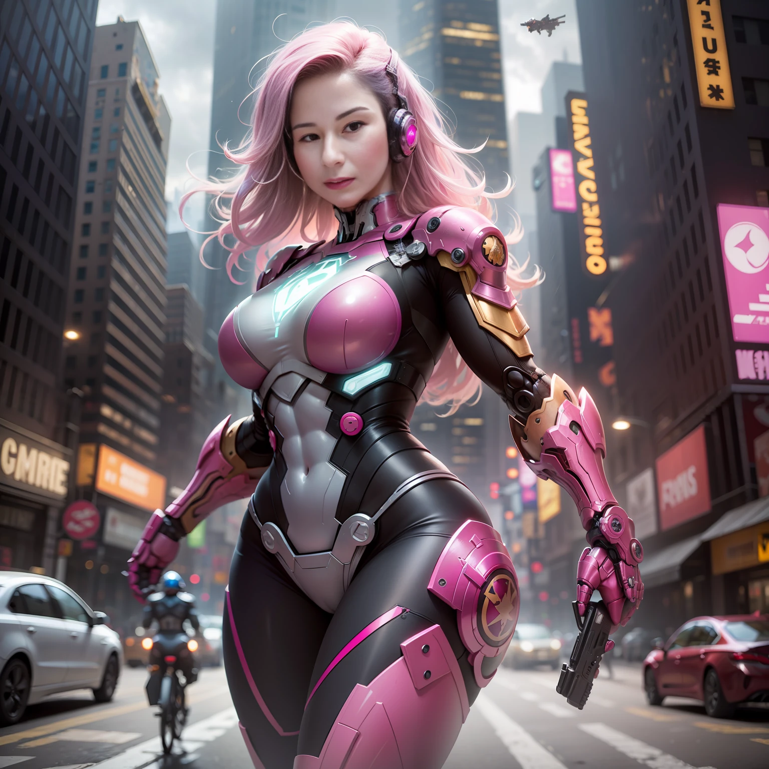 stormy day, new york city times forget, hot pink, (hulkbuster big armor), fantasy, cyberpunk, (weapon, gun girl, ultra bright pink: 1.1), 1girl, mechanical marvel, robotic presence, cybernetic guardian, frayed wear , intricate , Mechanic Suit (Steel [bright] Metal), Elegant, Clear Focus, Filmed by Greg Rutkowski, soft lighting, vibrant colors, masterpiece, ((street)), pretty girl, strong girl, muscular girl, long hair whites, dynamic pose,